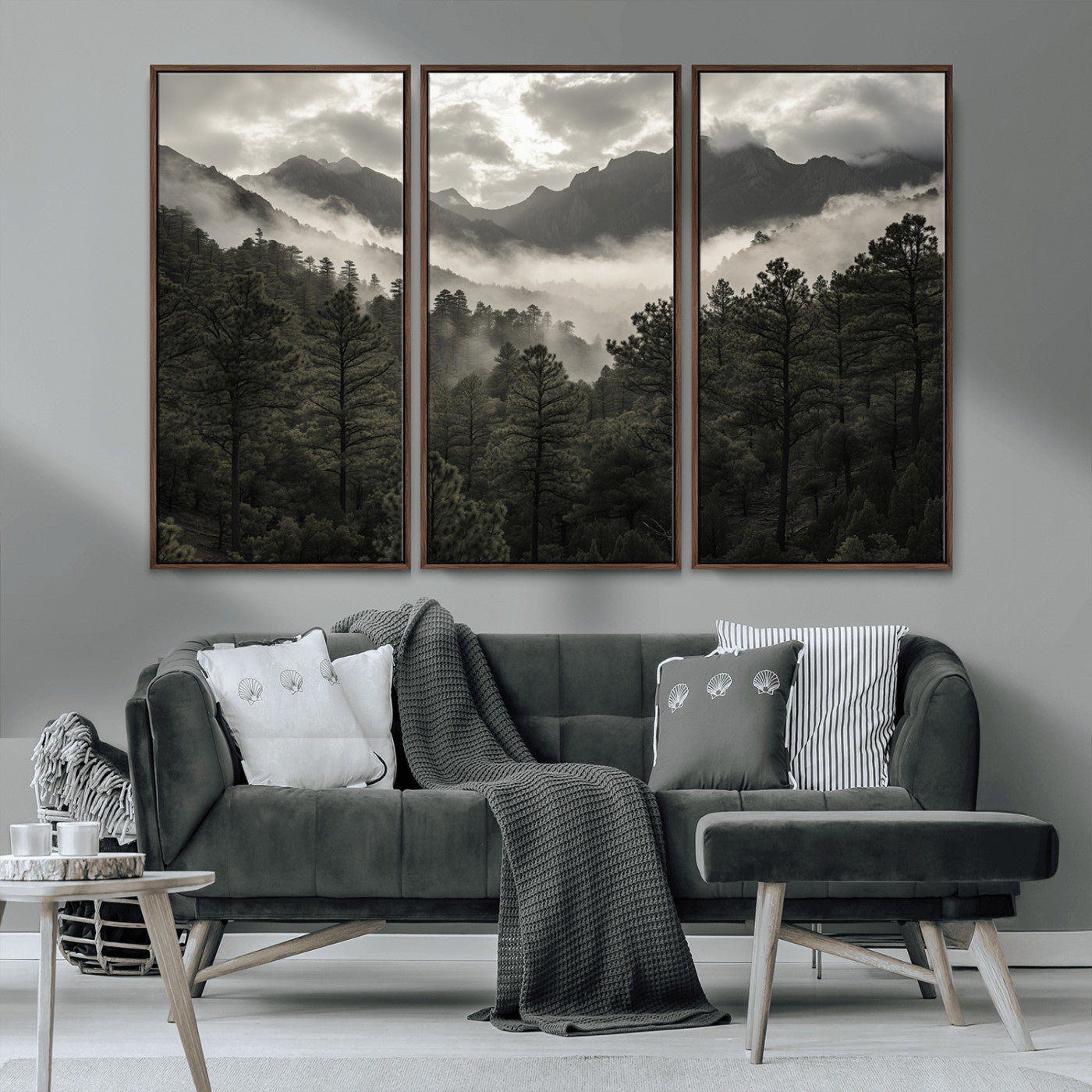 MGV-FC-48X32-3P - Misty Mountain Forest Wall Art – Canvas Print of Cloudy Peaks, Tranquil Pines, Enchanted Landscape, Majestic Nature Decor for Home or Office