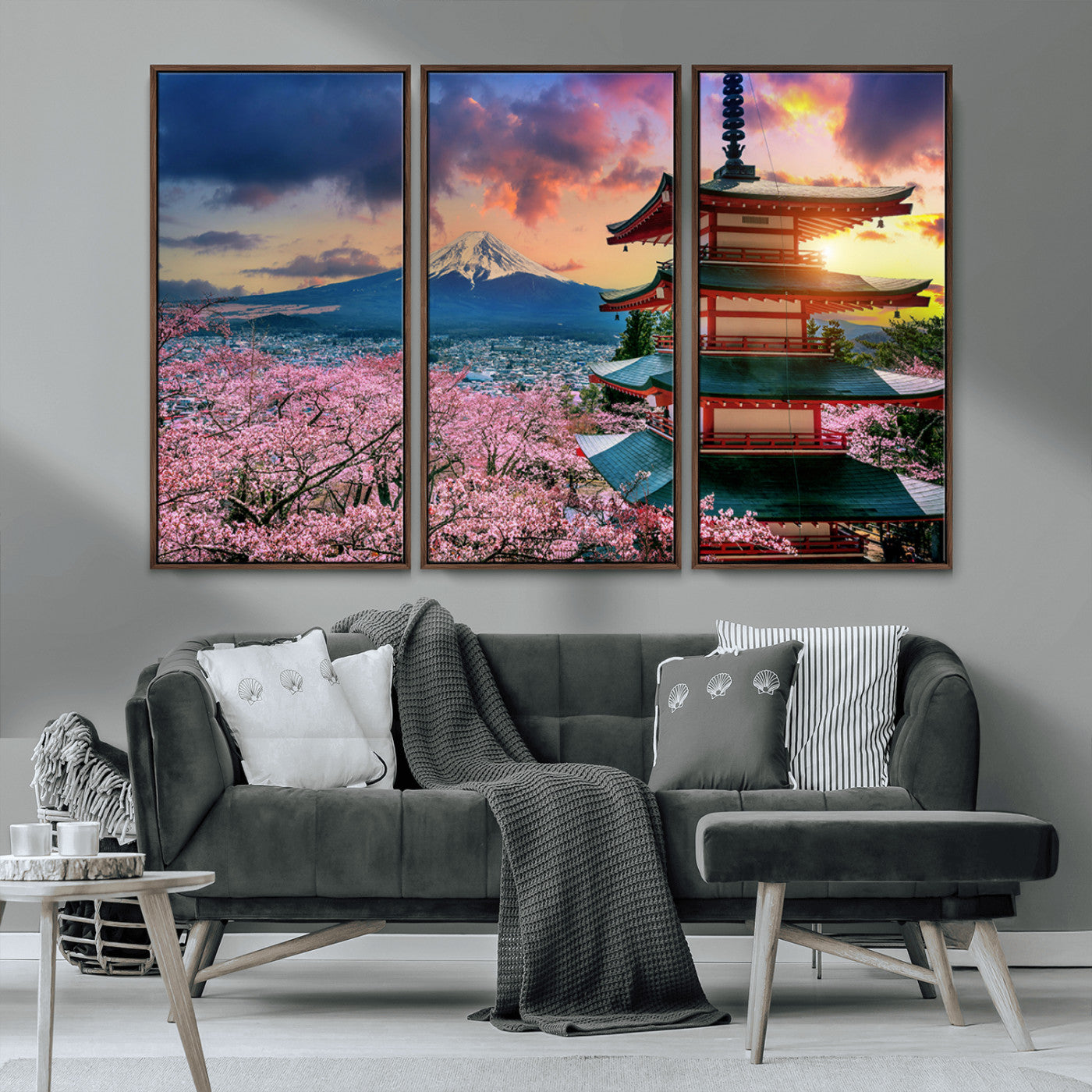 MGV-FC-48X32-3P - Mount Fuji & Cherry Blossom Wall Art Canvas Print – Iconic Japanese Landscape, Sakura Pagoda Sunset,