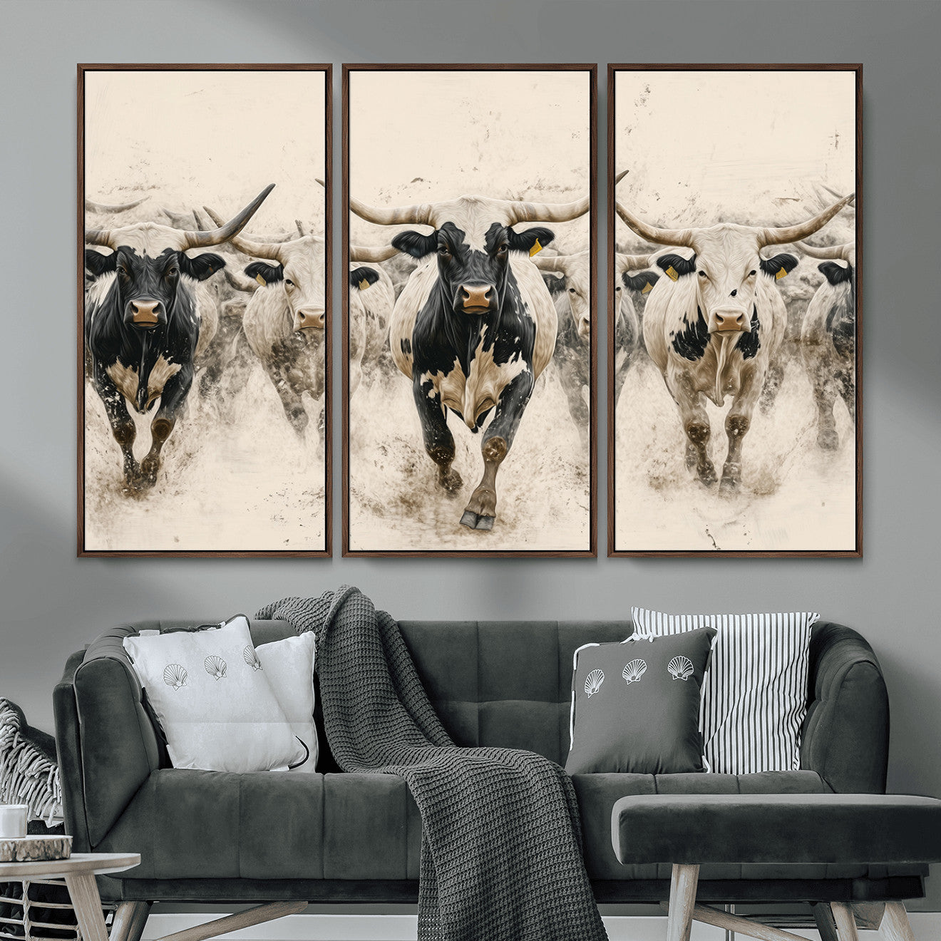 MGV-FC-48X32-3P - Cream Dust Longhorn Wall Art – Canvas Print of Western Herd Stampede, Dynamic Charge, Rustic Prairie Motion, Bold Nature Farm Decor