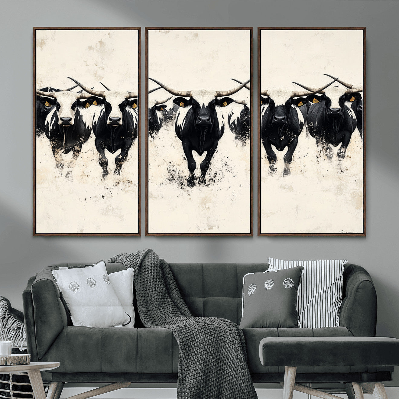 MGV-FC-48X32-3P - Longhorn Cattle Wall Art – Canvas Print of Herd in Motion, Symmetry and Ink Splatter, Minimalist Western Ranch, Bold Rustic Farm Decor