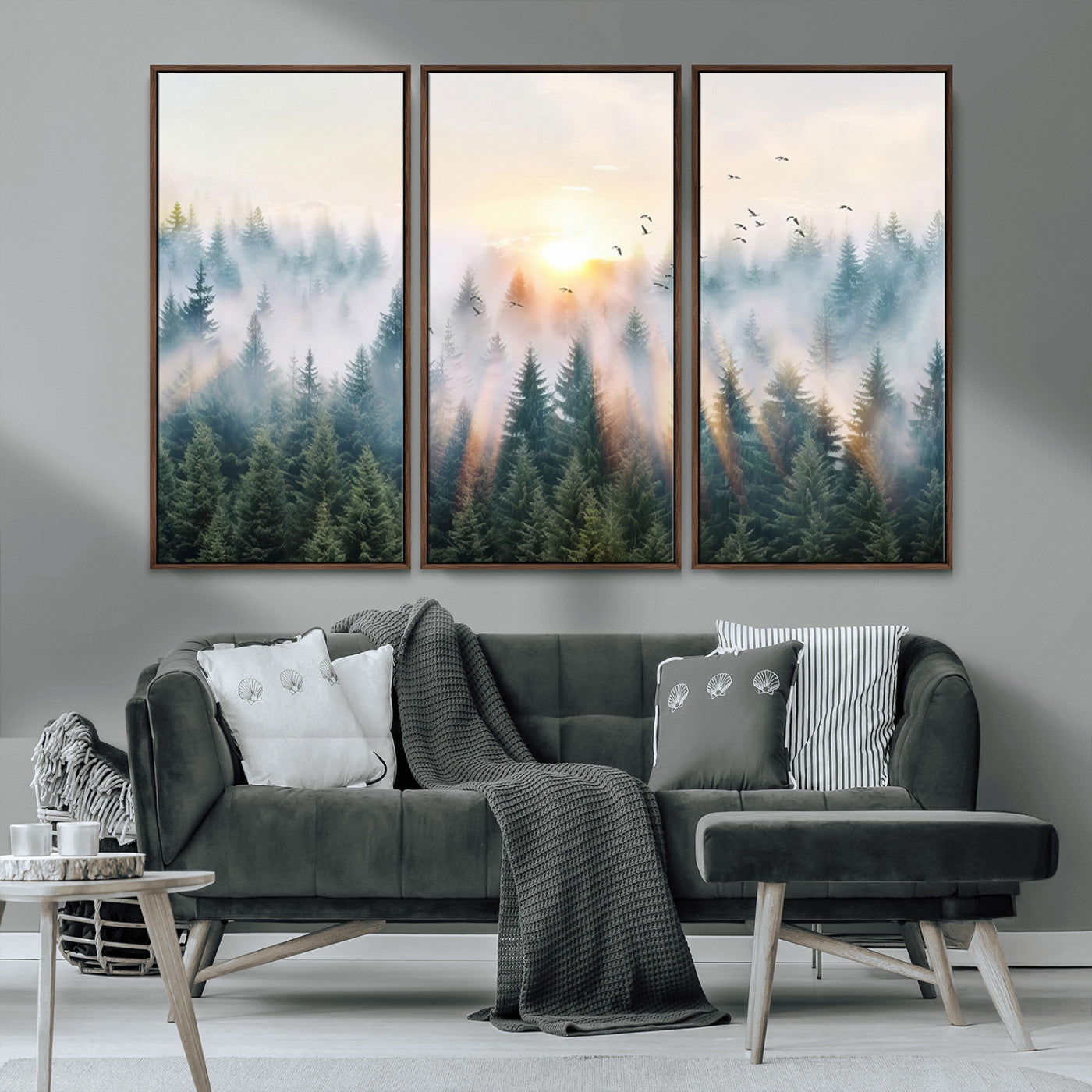 MGV-FC-48X32-3P - Misty Pine Forest Wall Art Canvas, Sunrise Over Foggy Trees Canvas for Home - Office, Framed