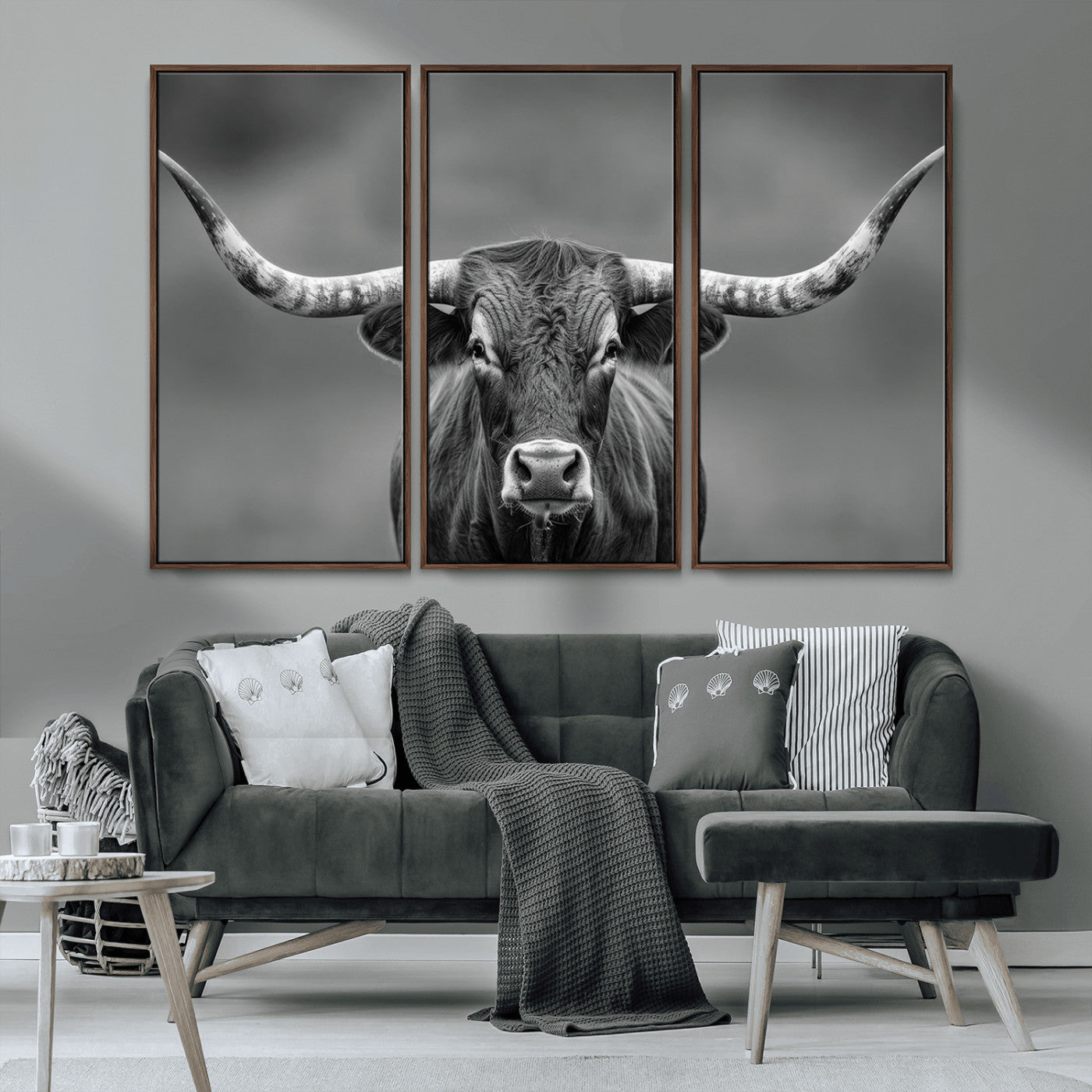MGV-FC-48X32-3P - Framed Texas Longhorn Bull Art Canvas Print, Western Bull Wall Art Print, Long Horn Bull Photo Print