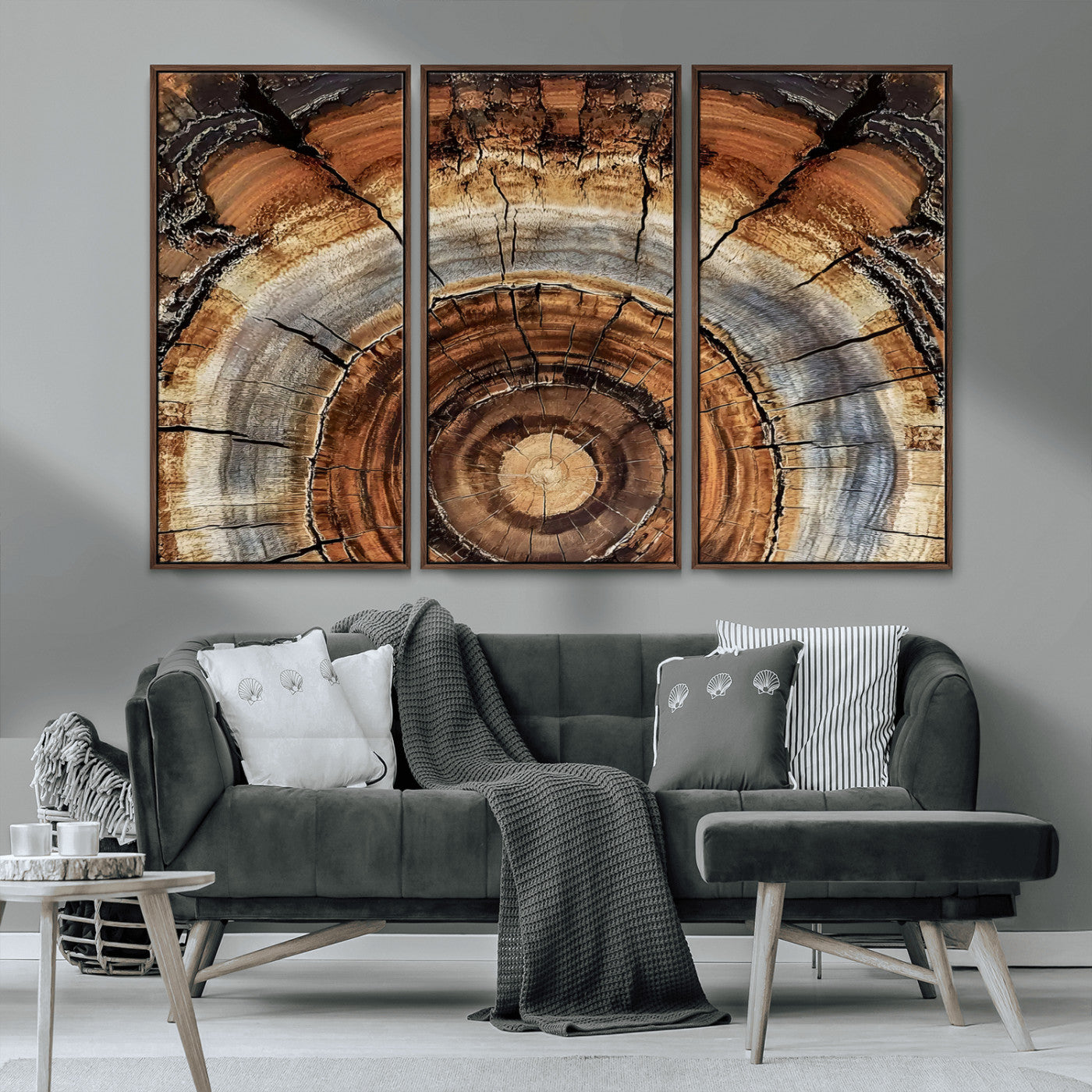 MGV-FC-48X32-3P - Tree Rings Wall Art Canvas Print, Framed Wood Texture Art Picture Print, Rustic Pattern Perfect Rustic Organic Decor Artwork