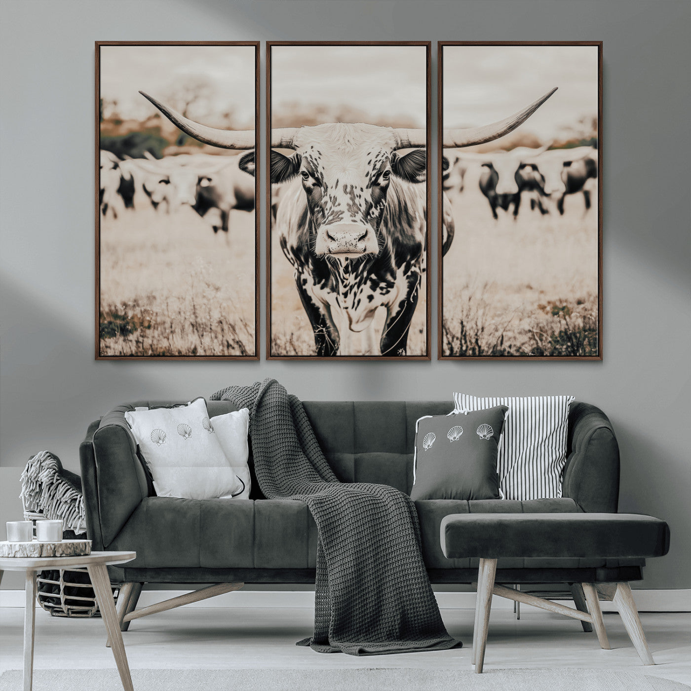 MGV-FC-48X32-3P - Texas Longhorn Wall Art Canvas Print, Framed Speckled Cow Art Picture Print, Horned Cattle Perfect Rustic Western Decor Artwork