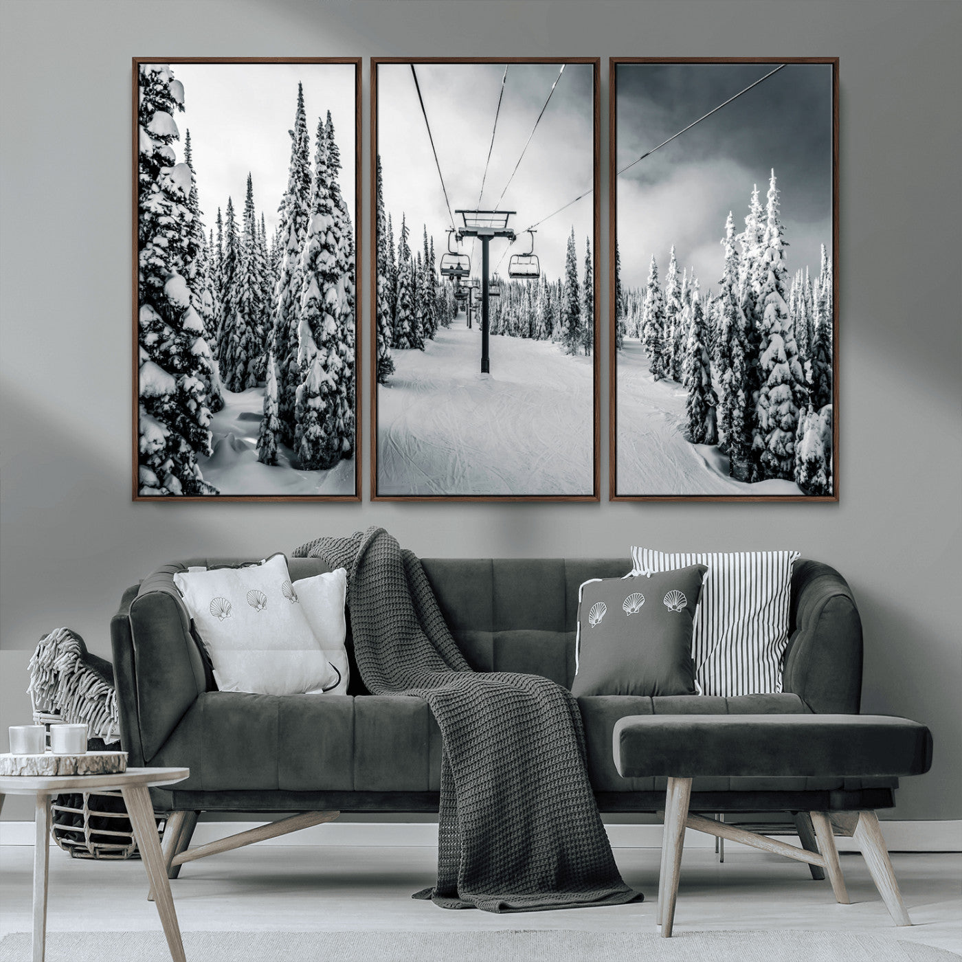 MGV-FC-48X32-3P - Snowy Pines Wall Art Canvas Print, Framed Ski Lift Art Picture Print, Winter Forest Perfect Moody Lodge Decor Artwork