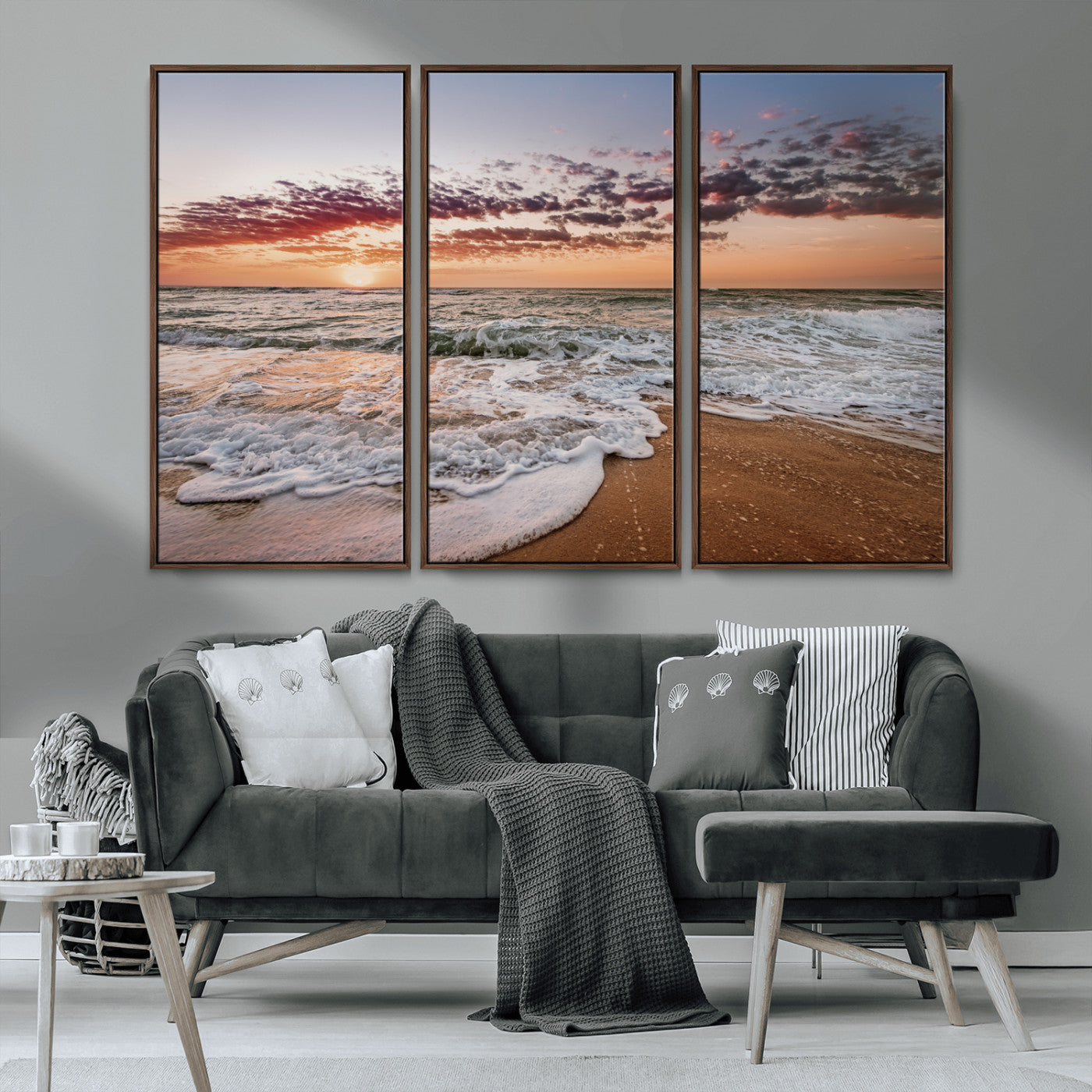 MGV-FC-48X32-3P - Ocean Sunset Wall Art Canvas Print, Framed Sandy Shore Art Picture Print, Gentle Waves Perfect Minimalist Coastal Decor Artwork
