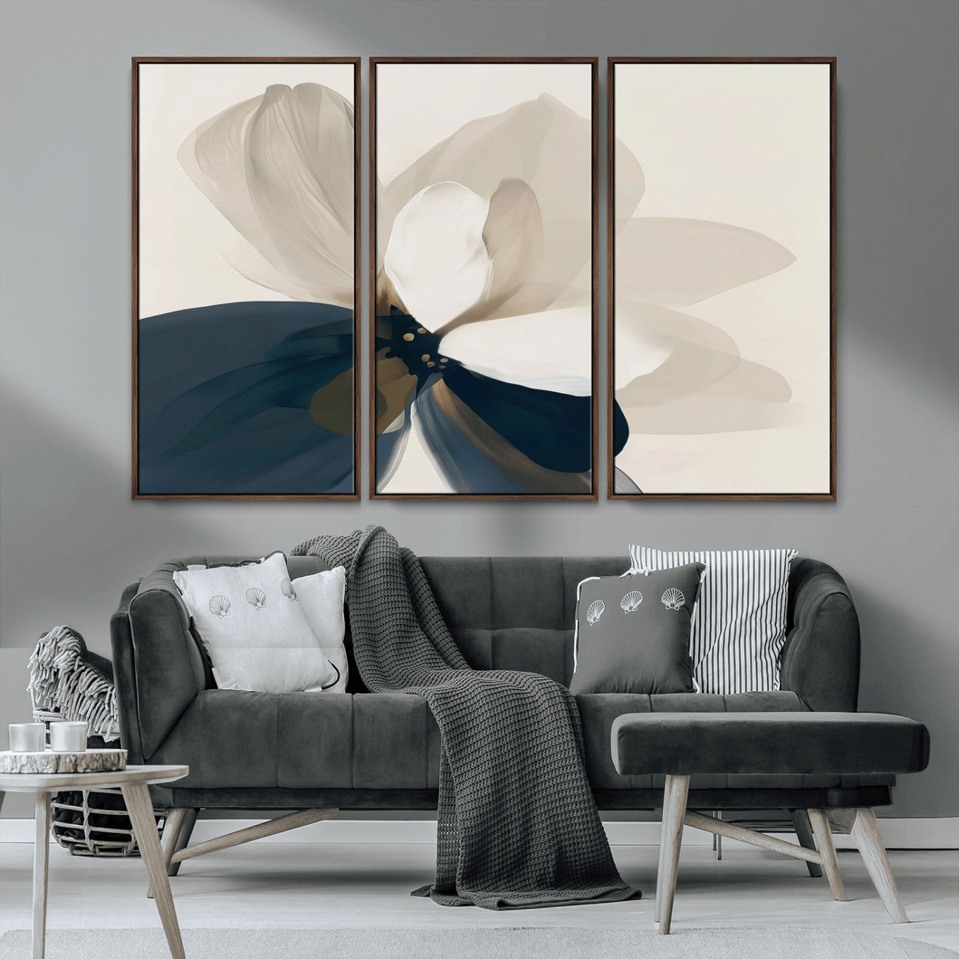 MGV-FC-48X32-3P - Minimal Flower Wall Art Canvas Print, Framed Flower Drawing Art Picture Print, Beige Bloom Perfect Modern Botanical Decor Artwork