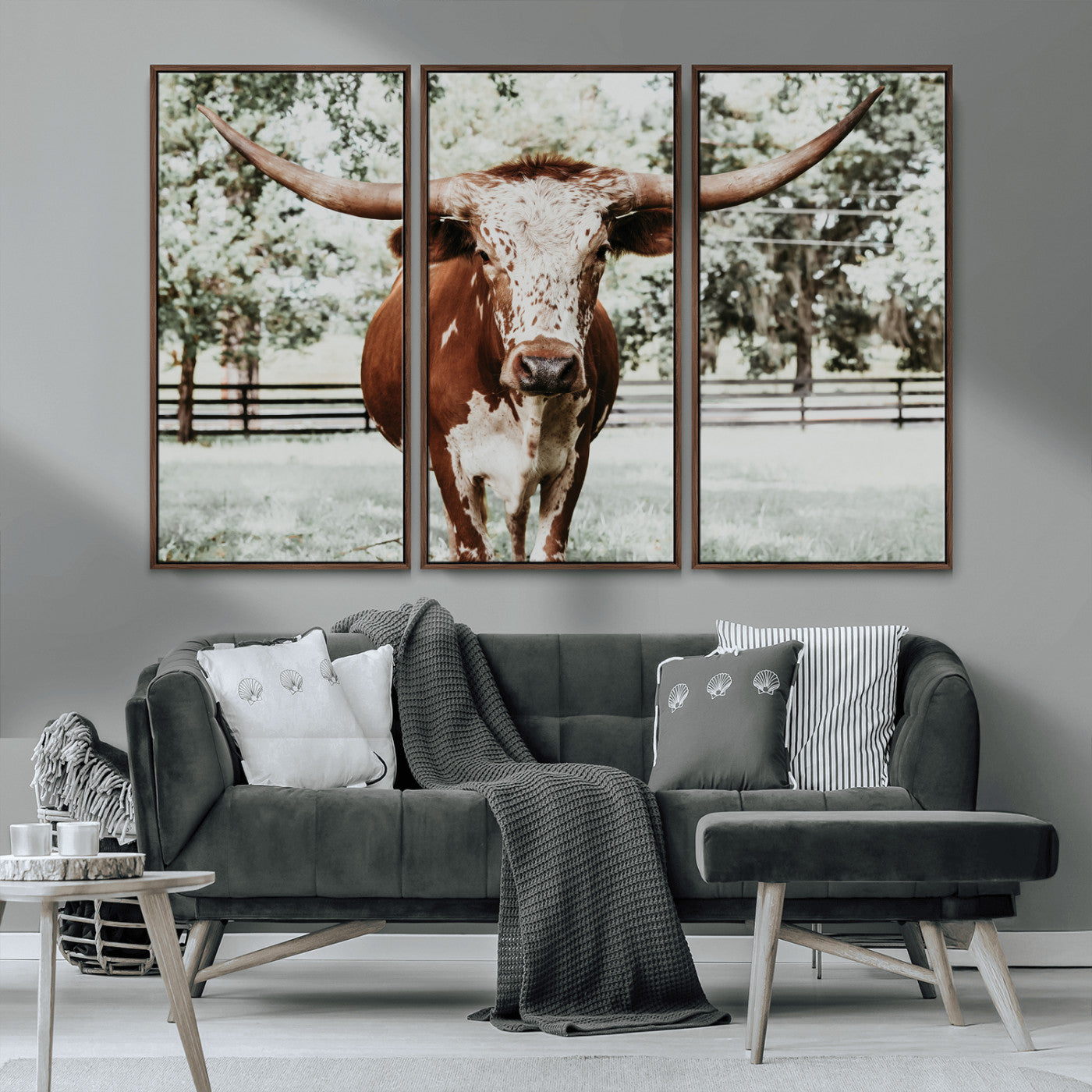 MGV-FC-48X32-3P - Texas Longhorn Wall Art Canvas Print, Framed Spotted Cow Art Picture Print, Horned Cattle Perfect Rustic Western Decor Artwork