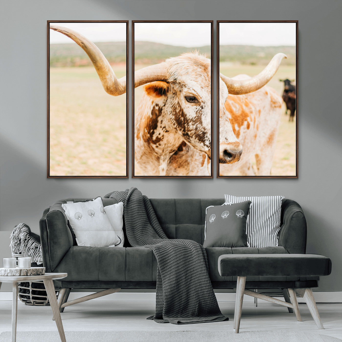 MGV-FC-48X32-3P - Texas Longhorn Wall Art Canvas Print, Framed Spotted Cow Art Picture Print, Horned Cattle Perfect Rustic Western Decor Artwork