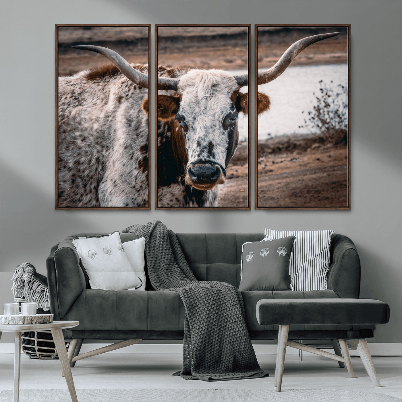 MGV-FC-48X32-3P - Texas Longhorn Wall Art Canvas Print, Framed Spotted Cow Art Picture Print, Horned Cattle Perfect Rustic Western Decor Artwork