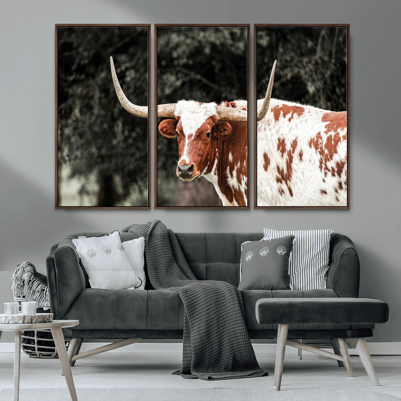MGV-FC-48X32-3P - Texas Longhorn Wall Art Canvas Print, Framed Spotted Cow Art Picture Print, Horned Bull Perfect Rustic Western Decor Artwork