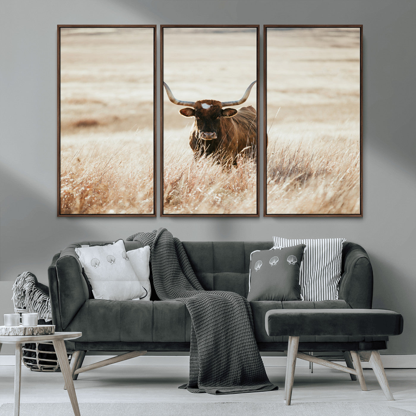 MGV-FC-48X32-3P - Texas Longhorn Wall Art Canvas Print, Framed Brown Cattle Art Picture Print, Horned Bull Perfect Rustic Western Decor Artwork