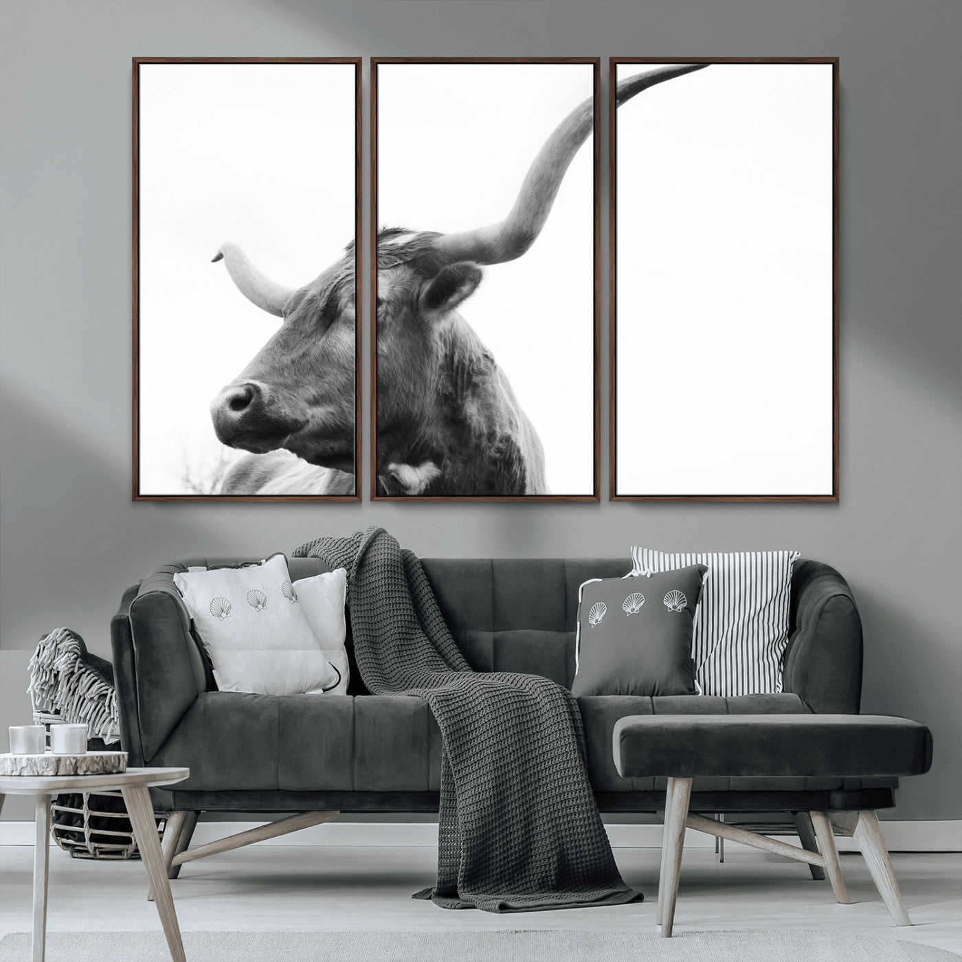 MGV-FC-48X32-3P - Longhorn Wall Art Wall Art Canvas Print, Framed Modern Ranch Style Art Art Picture Print, Monochrome Cow Print Perfect Rustic Western Decor Artwork
