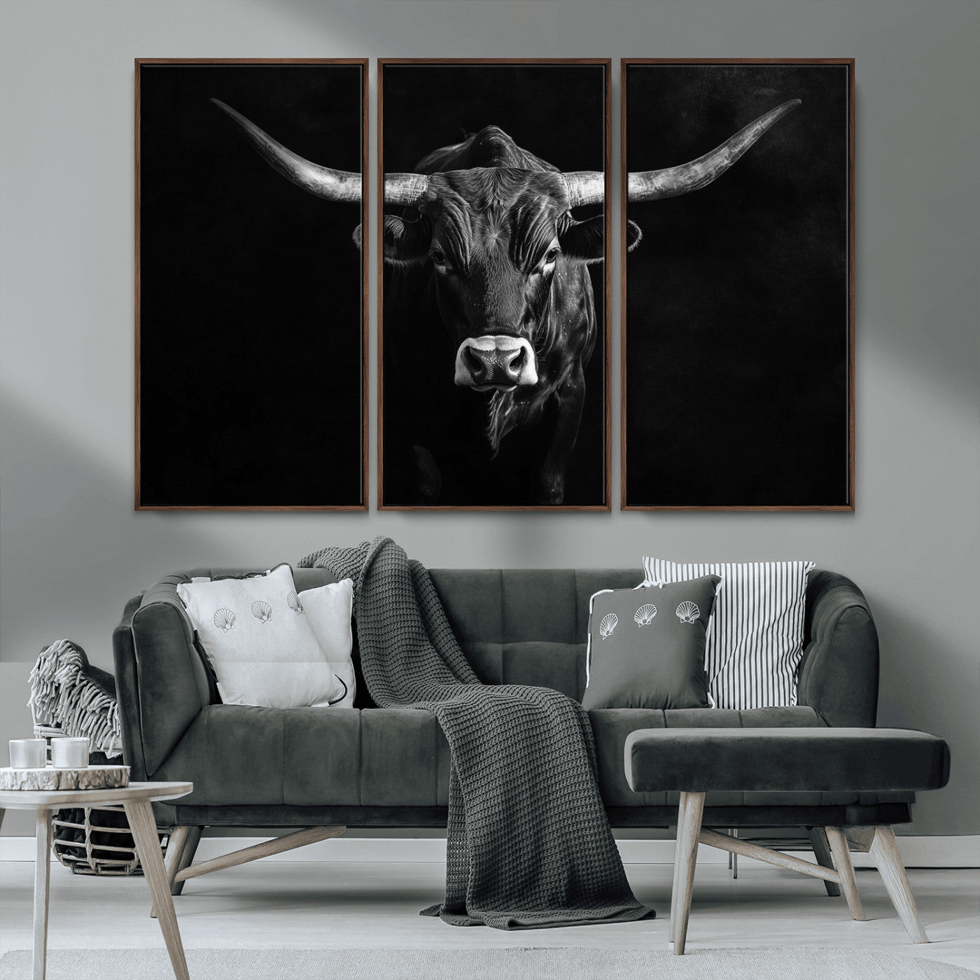 MGV-FC-48X32-3P - Texas Longhorn Wall Art Canvas Print, Framed Monochrome Bull Art Picture Print, Horned Bull Perfect Rustic Western Decor Artwork