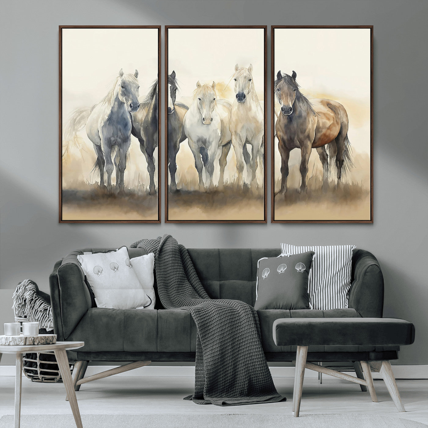 MGV-FC-48X32-3P - Wild Horses Wall Art Canvas Print, Framed Running Horses Art Picture Print, Watercolor Horses Perfect Rustic Western Decor Artwork