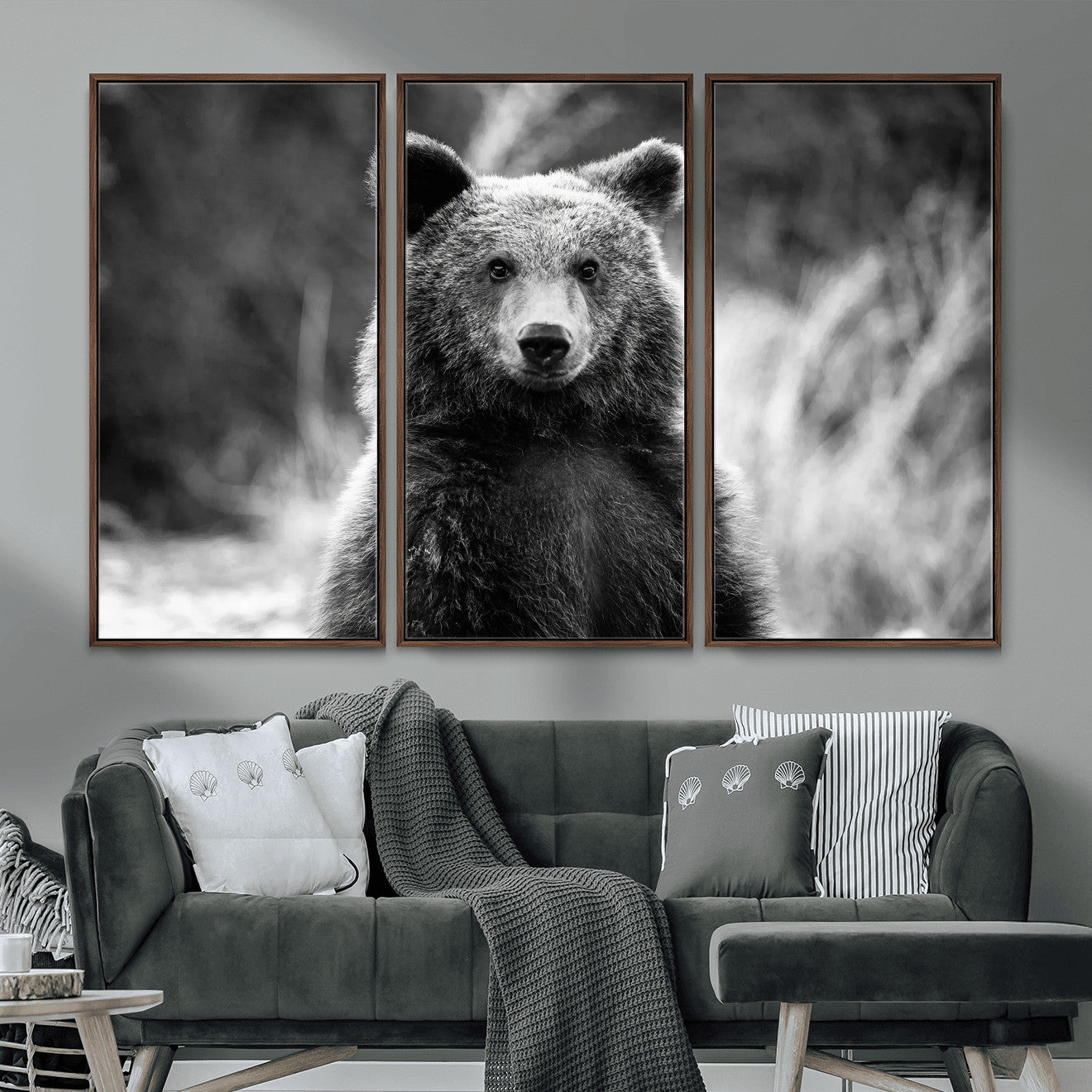 55656803-MGV-CV-36X24-Grizzly Bear Wall Art Canvas Print – Framed Black White Wildlife Rustic Nature Artwork for Home, Office Decor
