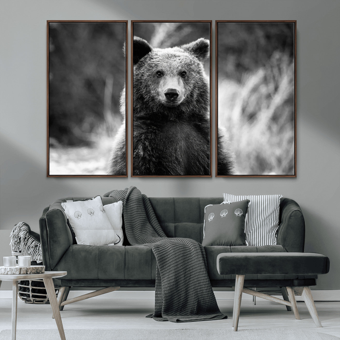 MGV-FC-48X32-3P - Grizzly Bear Wall Art Canvas Print, Framed Black White Bear Art Picture Print, Wild Bear Perfect Rustic Wildlife Decor Artwork