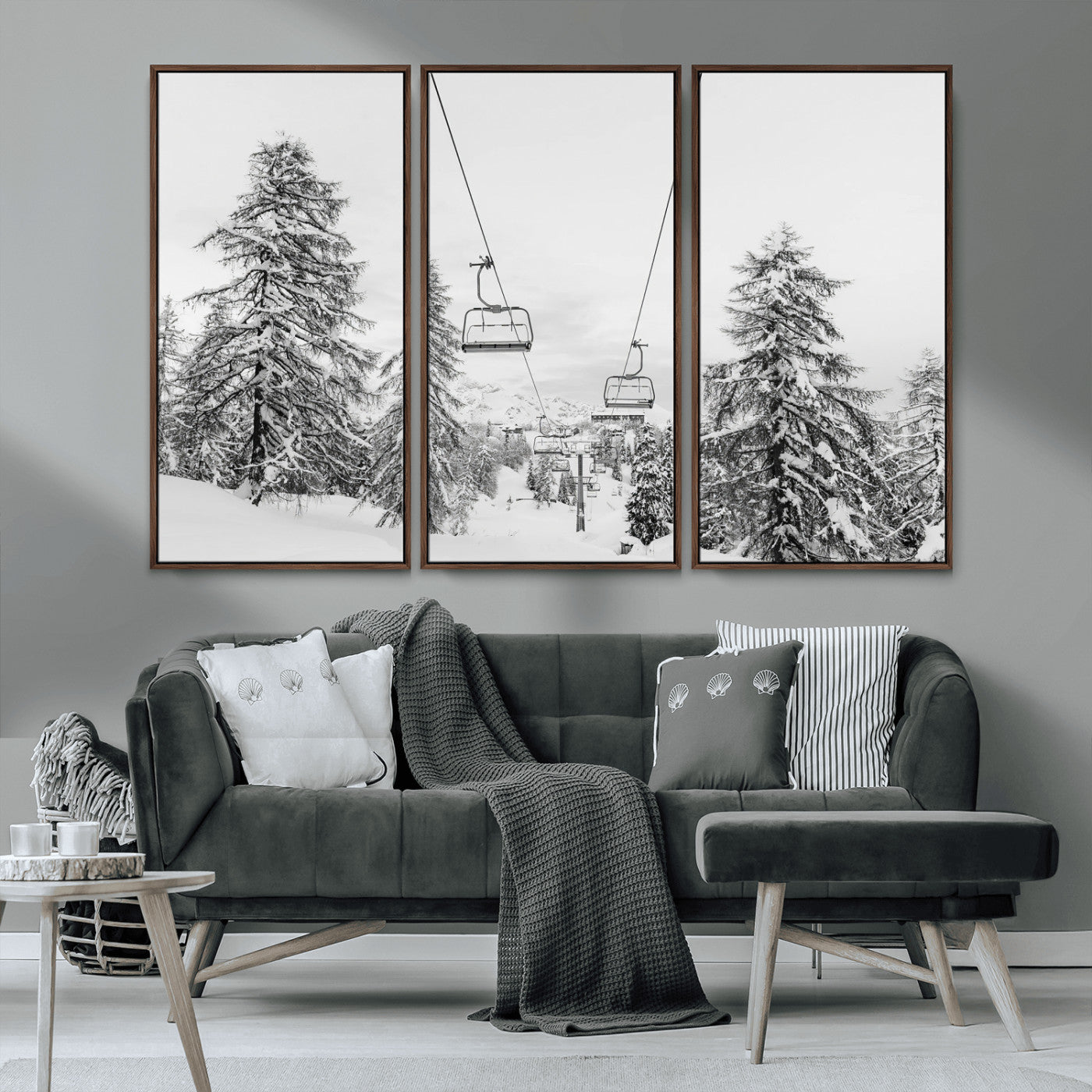 MGV-FC-48X32-3P - Wall Art Canvas Print Winter Chairlift Views Silent Snow-Covered Pines Mountain Calm Serenity Frozen