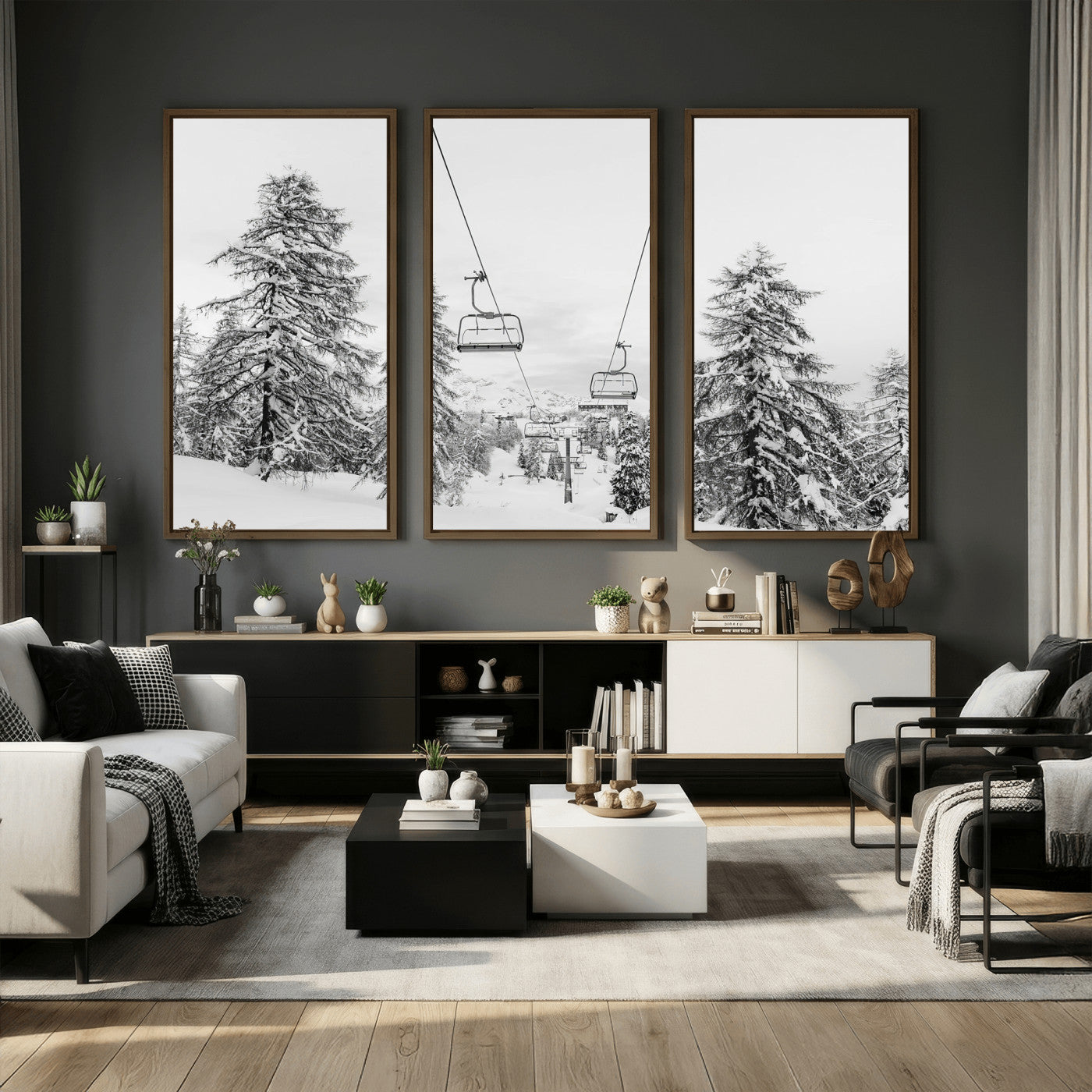 55003599-MGV-CV-36X24 - Snowy Ski Lift Wall Art – Framed Winter Forest Canvas Artwork, Peaceful Mountain Design, Modern Nature Decor for Home, Office