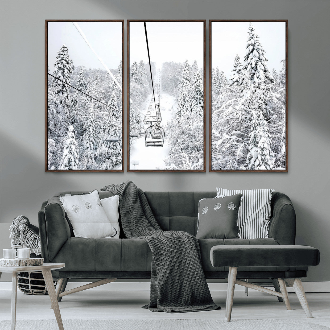 MGV-FC-48X32-3P - Snowy Mountains Wall Art Canvas Print, Framed Ski Lift Art Picture Print, Winter Forest Perfect