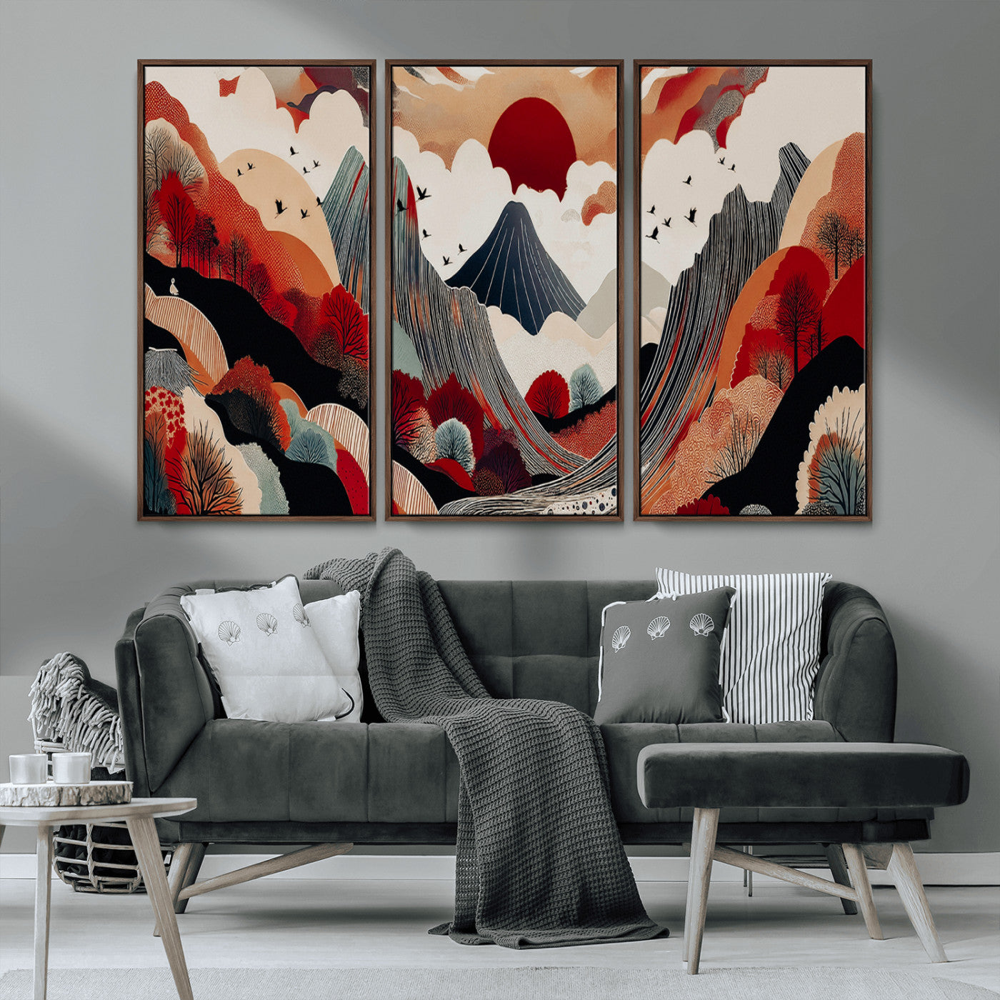 MGV-FC-48X32-3P - Abstract Mountain Wall Art Canvas Print, Framed Vibrant Landscape Art Picture Print, Stylized Nature Drawing Perfect Contemporary Minimalist Decor Artwork