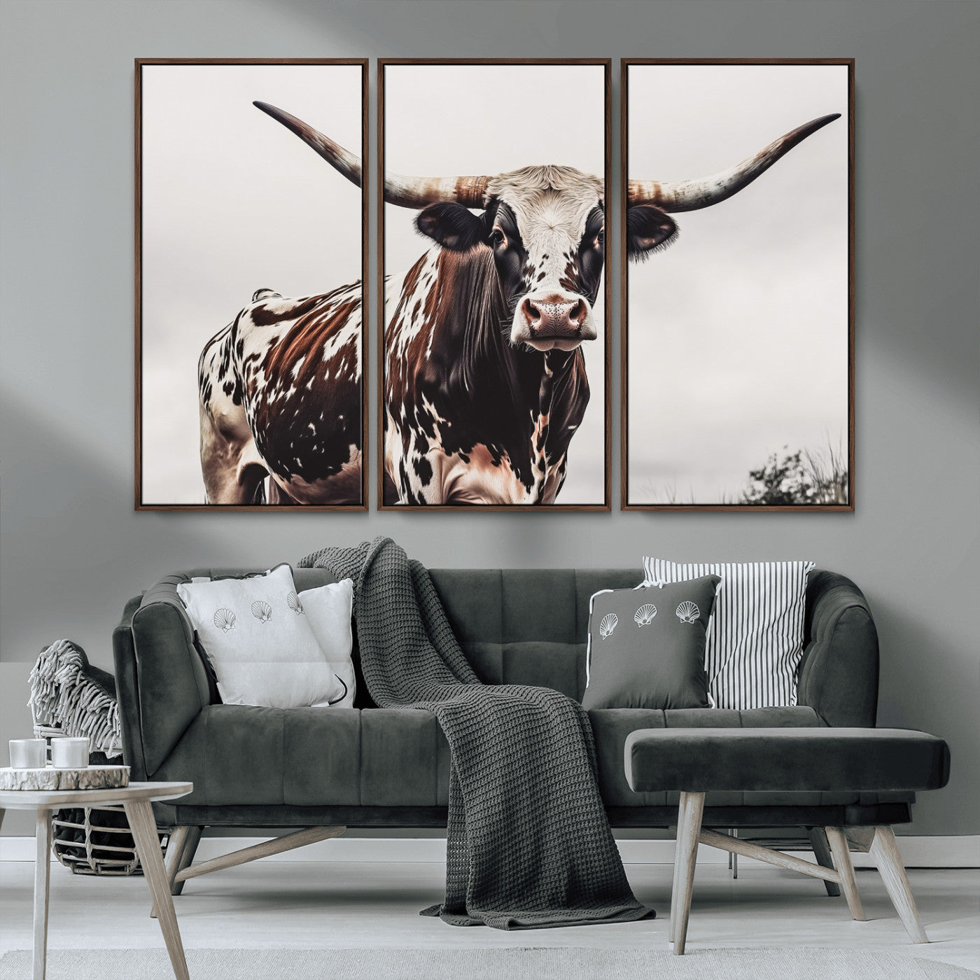 Close-up of a Texas Longhorn bull with powerful horns, perfect for rustic farmhouse or country-themed home decor. Ideal for animal lovers.