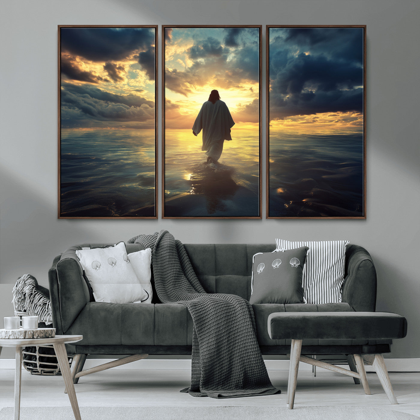 MGV-FC-48X32-3P - Jesus Walks Wall Art Canvas Print, Framed Divine Sunset Art Picture Print, Spiritual Light Perfect Spiritual Tranquil Decor Artwork