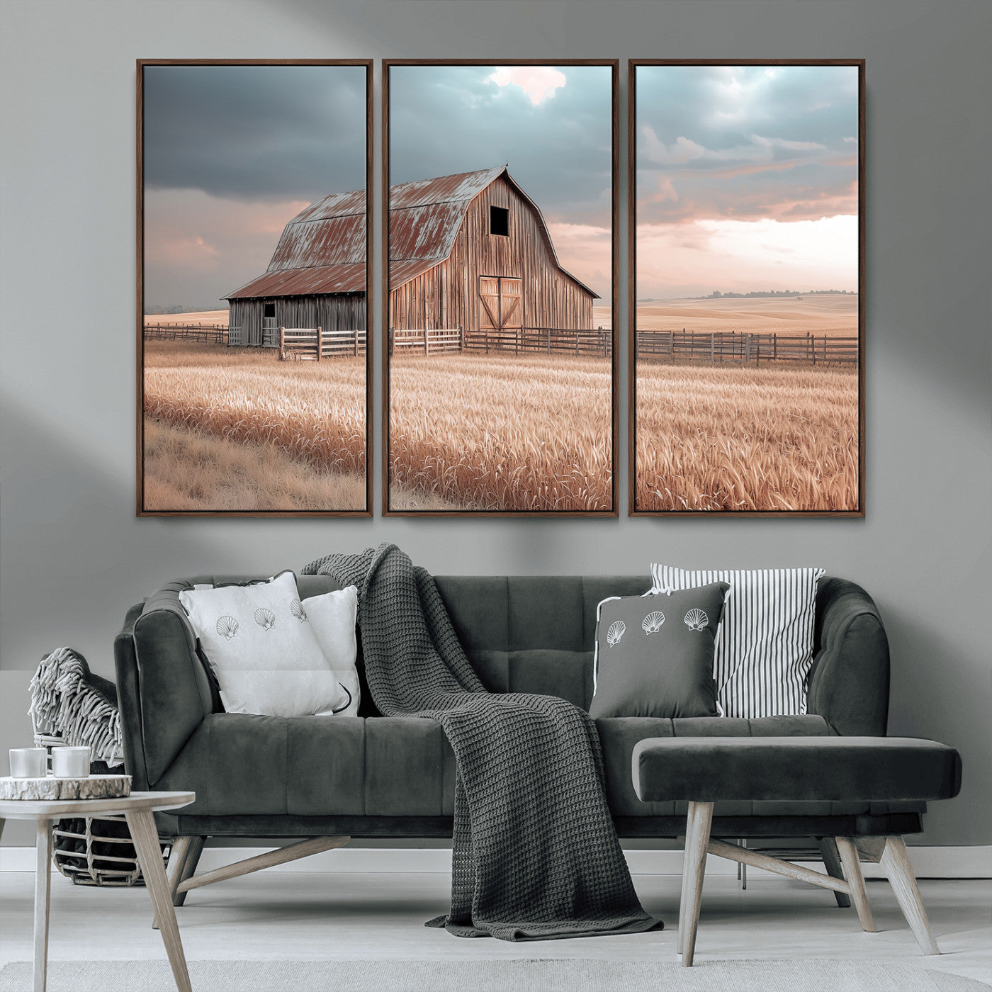 MGV-FC-48X32-3P - Rustic Barn Wall Art Canvas Print, Framed Wheat Field Art Picture Print, Sunset Barn Perfect Vintage Farmhouse Decor Artwork