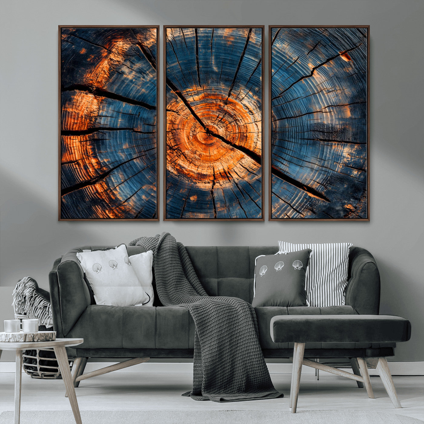 MGV-FC-48X32-3P - Burnt Wood Wall Art Canvas Print, Framed Aged Timber Art Picture Print, Rustic Tree Slice Perfect Rustic Decor Artwork