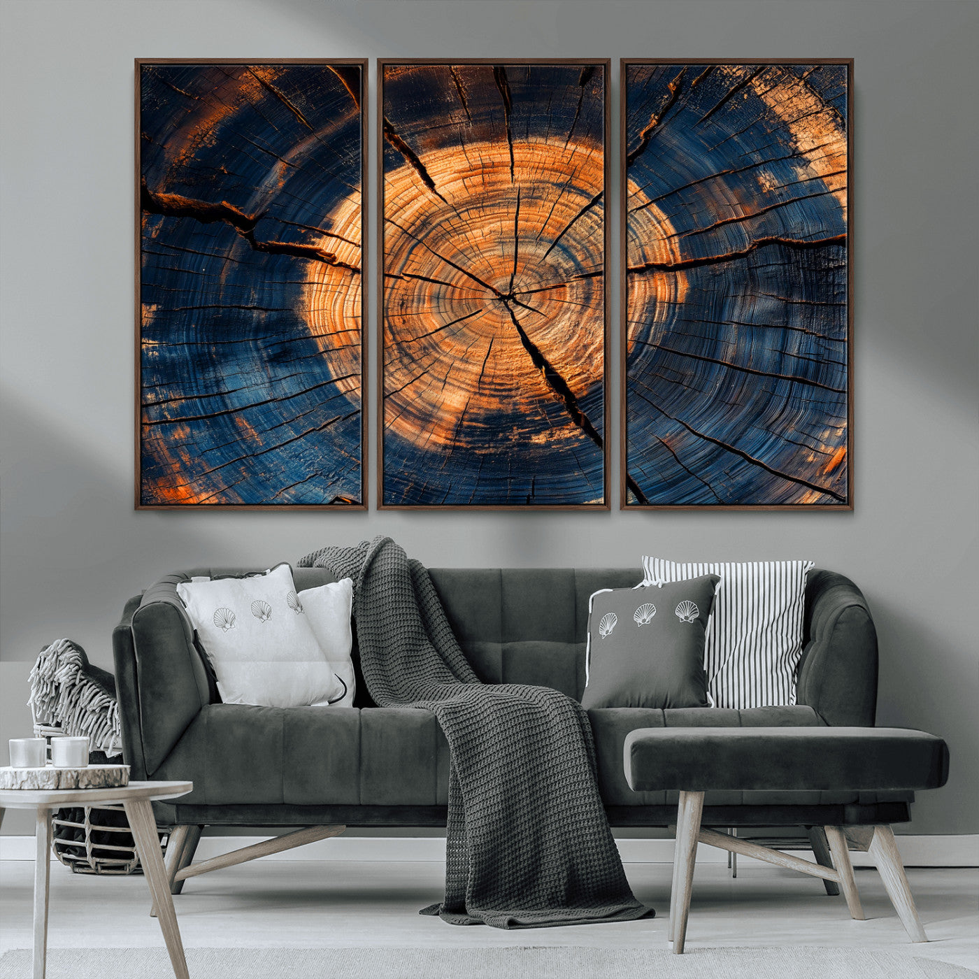 MGV-FC-48X32-3P - Burnt Wood Wall Art Canvas Print, Framed Aged Timber Art Picture Print, Rustic Tree Slice Perfect Rustic Decor Artwork
