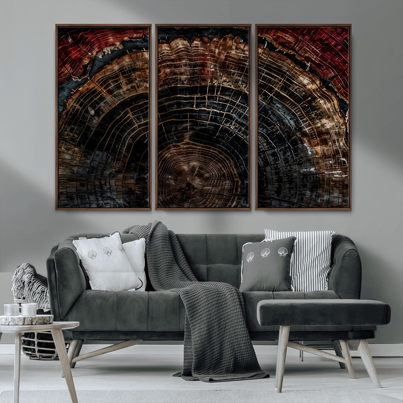 MGV-FC-48X32-3P - Dark Wood Ring Wall Art Canvas Print, Framed Abstract Wood Tree Art Picture Print, Rustic Tree Slice Perfect Rustic Decor Artwork