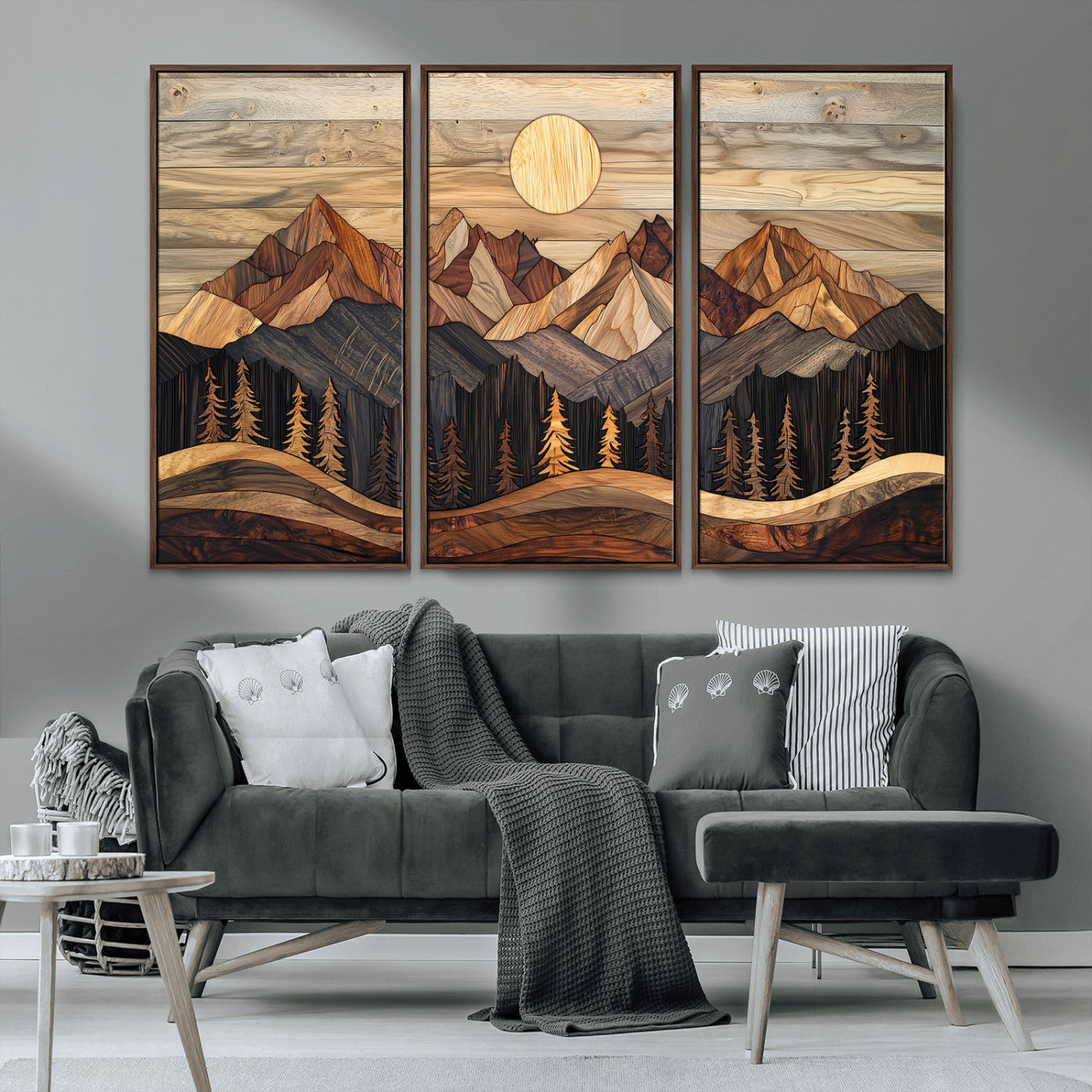 MGV-FC-48X32-3P - Wood Mountain Wall Art Canvas Print, Framed Boho Wood Art Picture Print, Abstract Woodland Perfect Farmhouse Decor Artwork