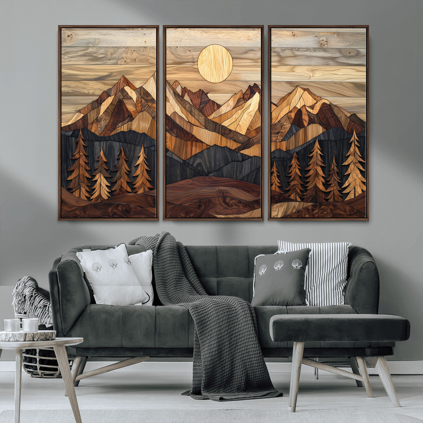 MGV-FC-48X32-3P - Wood Mountain Landscape Wall Art Canvas Print, Framed Sunset Hills Art Picture Print, Abstract Nature Perfect Boho Decor Artwork
