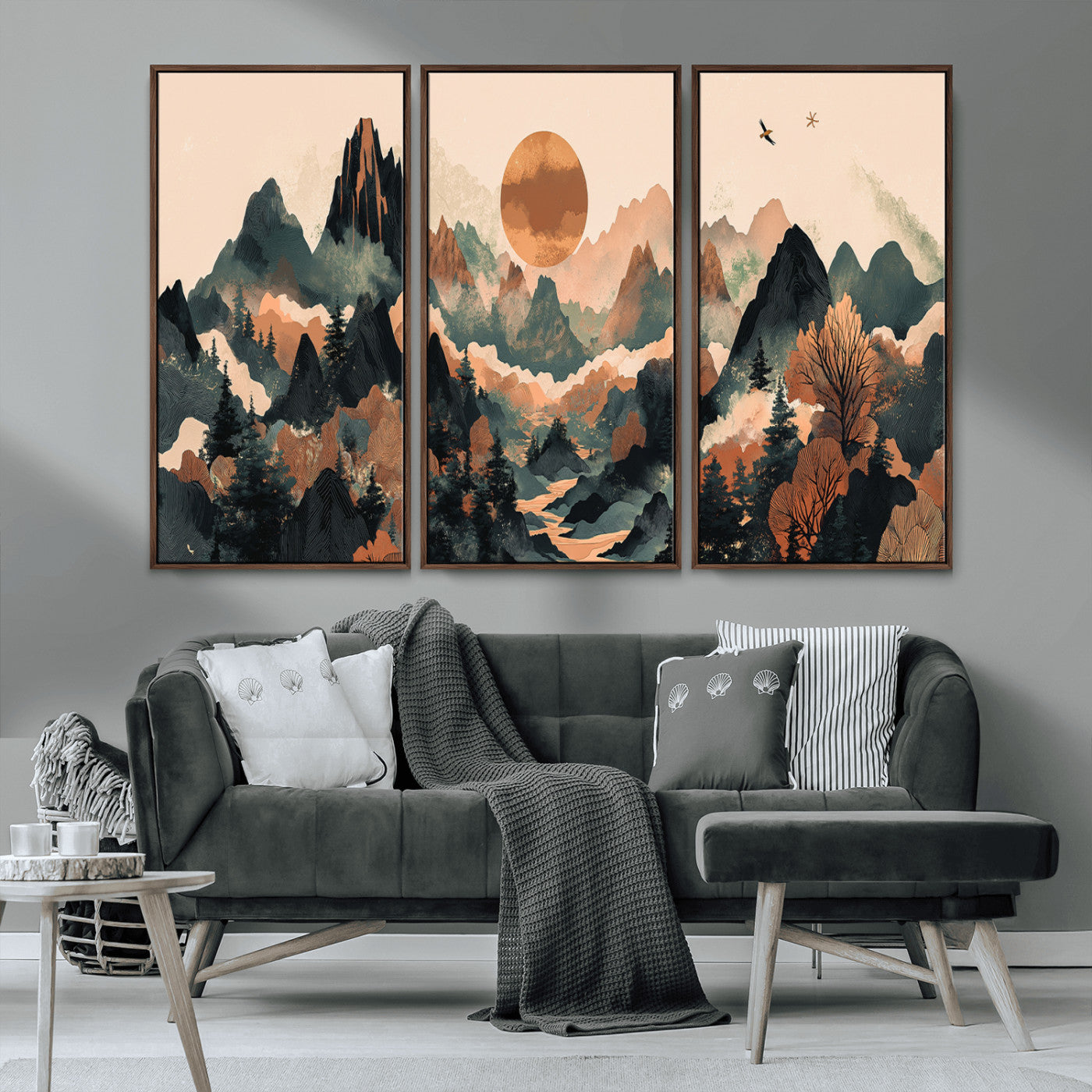 MGV-FC-48X32-3P - Wood Mountain Landscape Wall Art Canvas Print, Framed Sunset Hills Art Picture Print, Abstract Nature Perfect Boho Decor Artwork