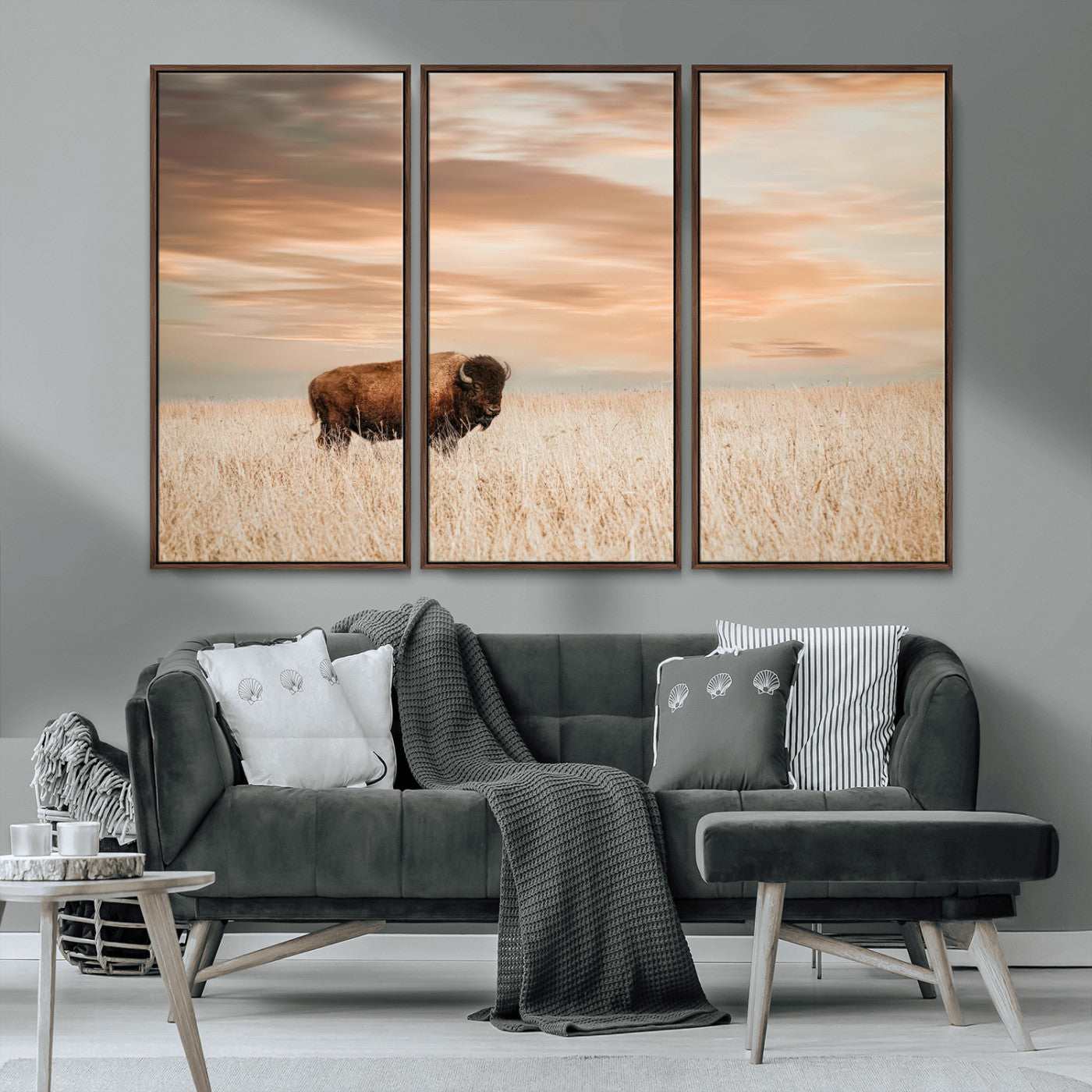 MGV-FC-48X32-3P - Bison Wall Art Canvas Print, Framed Buffalo Art Picture Print, Western Prairie Perfect Rustic Decor Artwork
