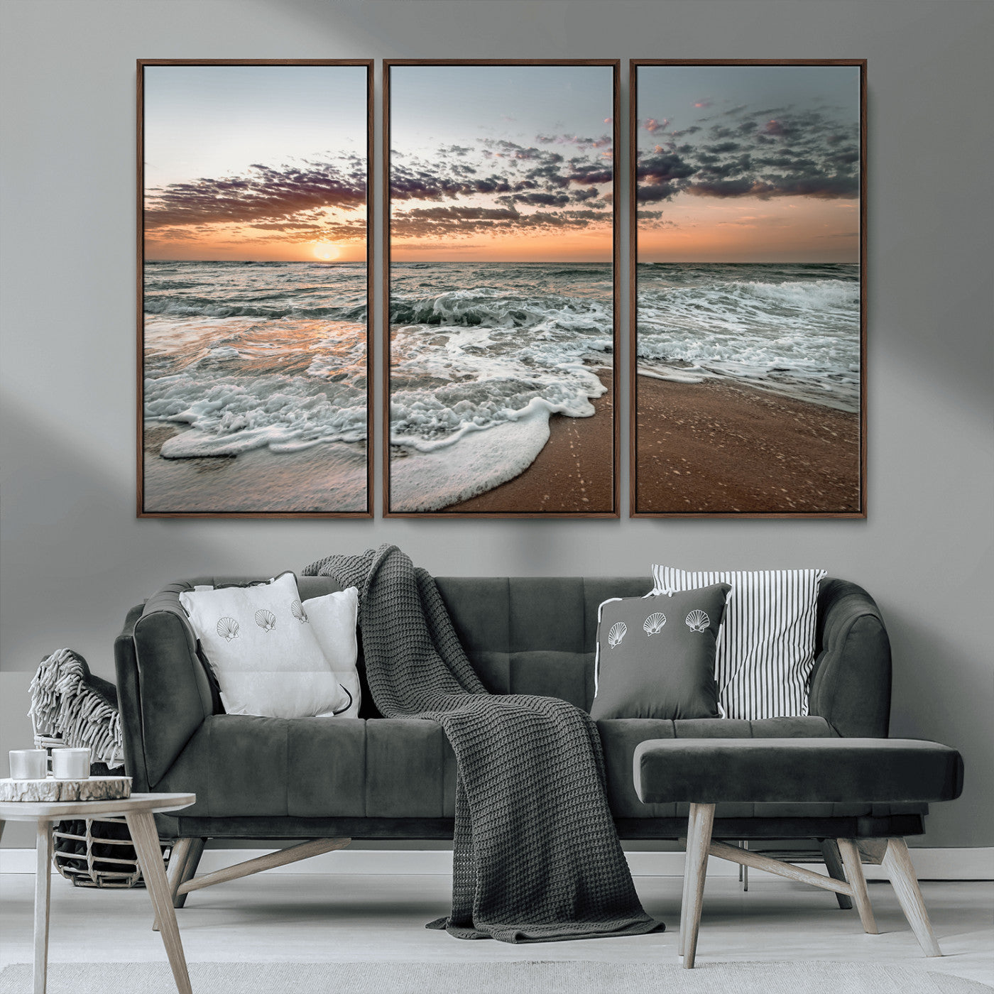 MGV-FC-48X32-3P - Ocean Sunset Wall Art Canvas Print, Framed Beach Waves Art Picture Print, Coastal Scene Perfect Coastal Decor Artwork