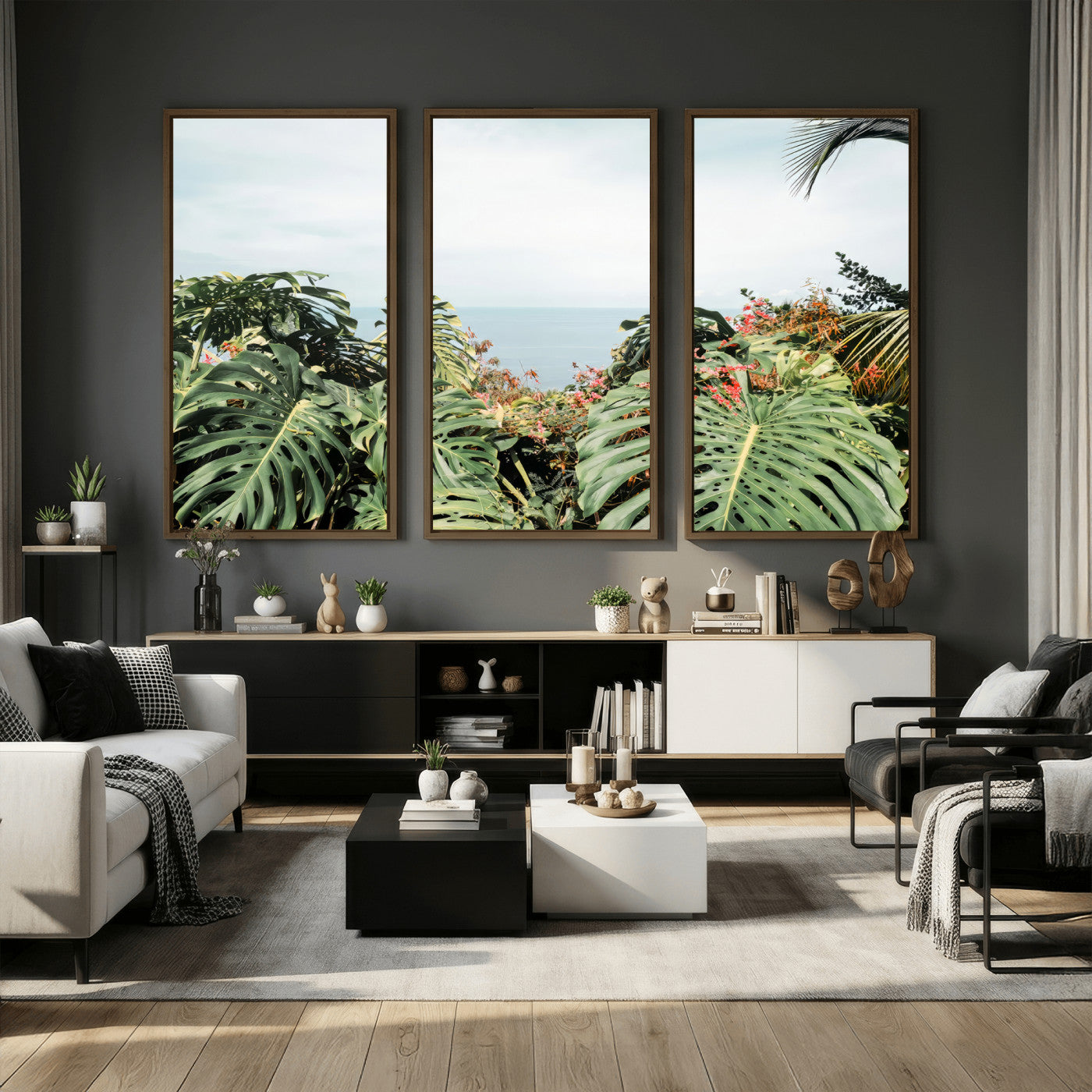 45700479-MGV-CV-36X24 - Tropical Greenery Wall Art – Exotic Leaves & Ocean View Canvas Print, Sunlit Paradise and Vibrant Nature for Living Room or Coastal Decor