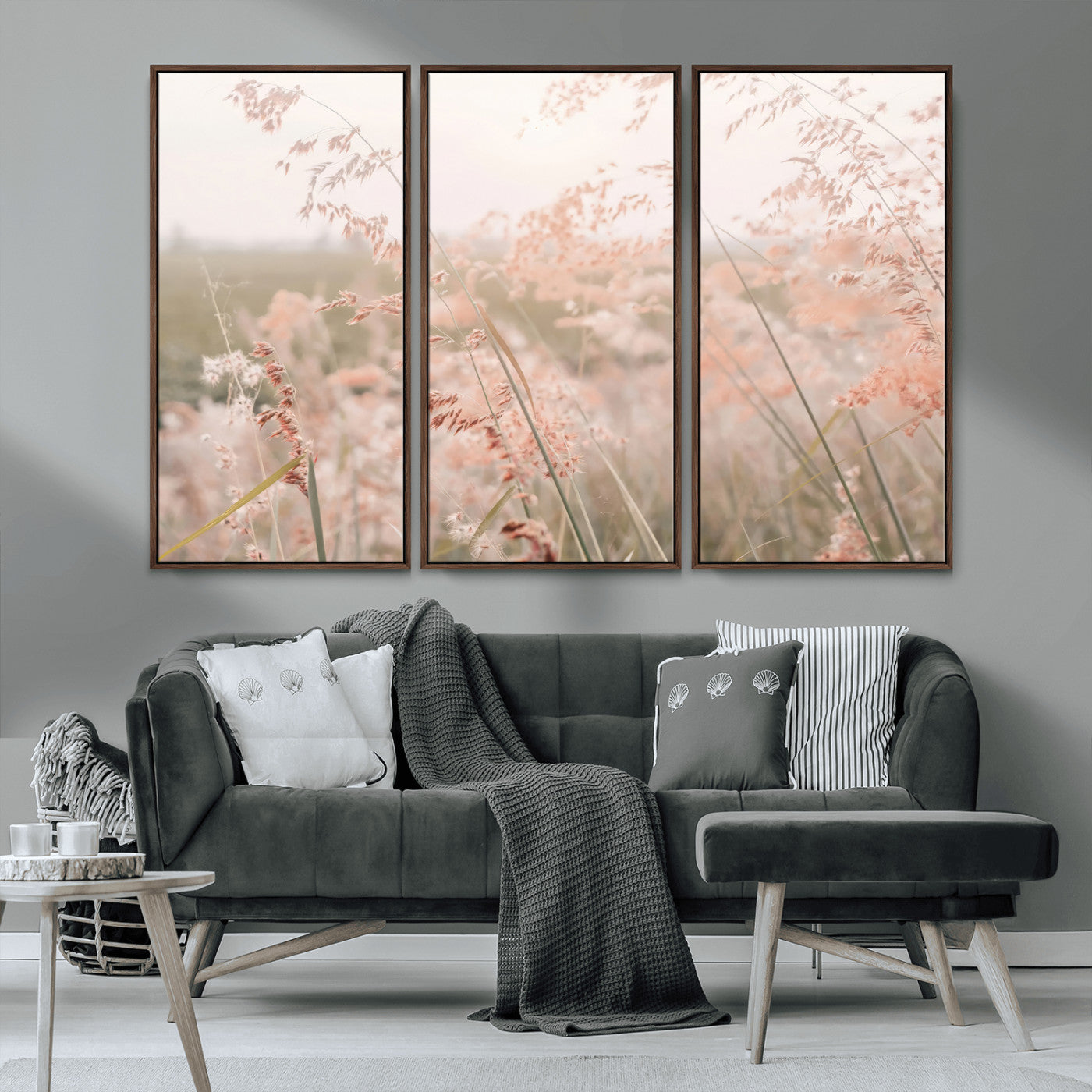 MGV-FC-48X32-3P - Pastel Grasses Wall Art Canvas Print, Framed Soft Meadow Art Picture Print, Field in Breeze Perfect Soft Pastel Minimal Decor Artwork