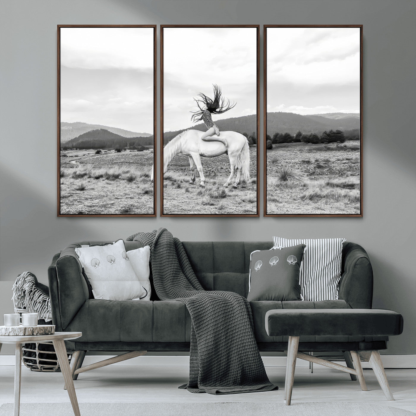MGV-FC-48X32-3P - White Horse Wall Art Canvas Print, Framed Woman Rider Art Picture Print, Equestrian Pose Perfect Western Boho Decor Artwork