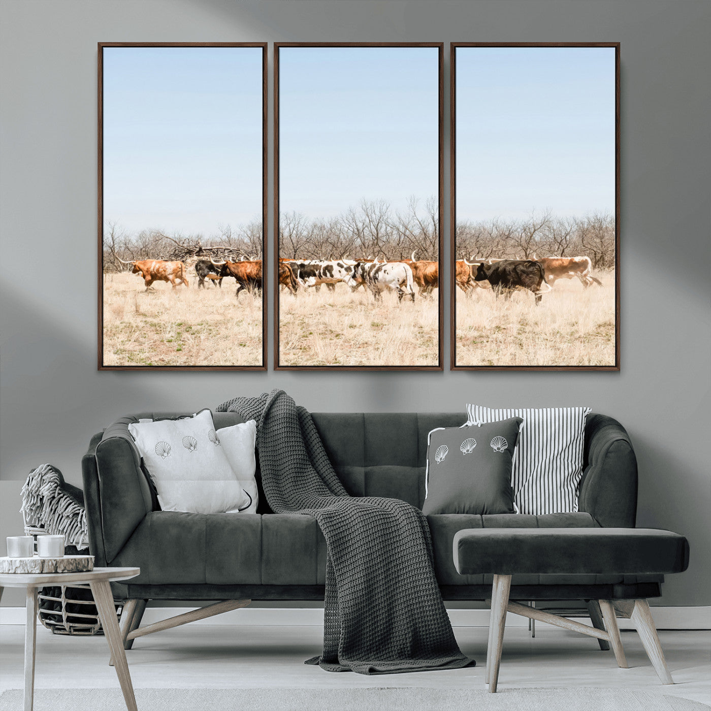 MGV-FC-48X32-3P - Texas Longhorns Wall Art Canvas Print, Framed Western Cattles Art Picture Print, Rustic Herd Perfect Rustic Farmhouse Decor Artwork