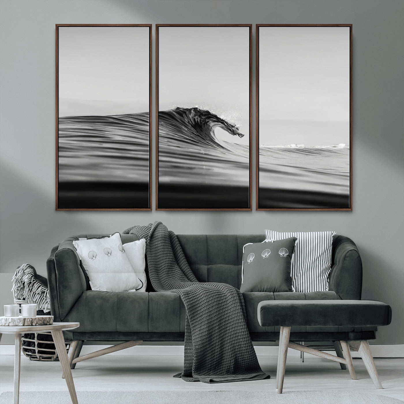 MGV-FC-48X32-3P - Black Wave Wall Art Canvas Print, Framed Abstract Surf Art Picture Print, Minimalist Ocean Perfect Minimalist Coastal Decor Artwork