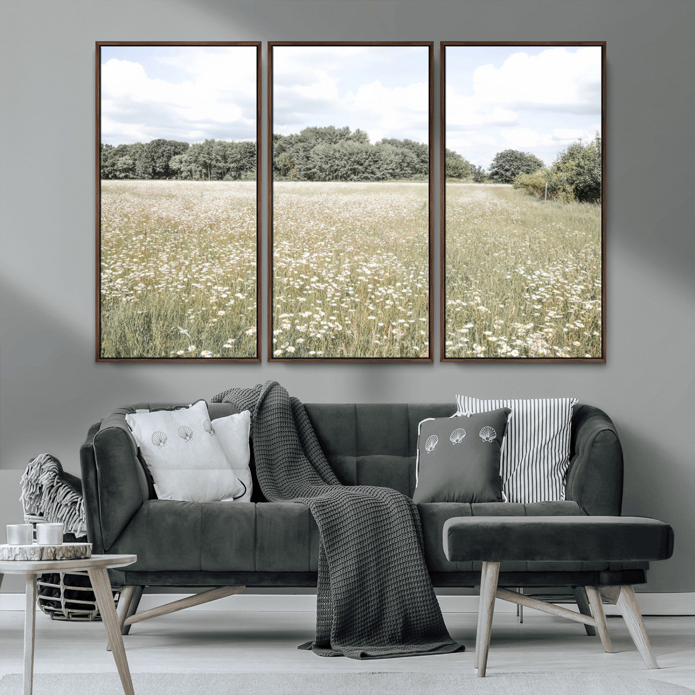 MGV-FC-48X32-3P - Charming Daisy Field Wall Art Canvas Print, Framed Pastel Flower Art Picture Print, Meadow Bloom Perfect Scandinavian Minimalist Decor Artwork