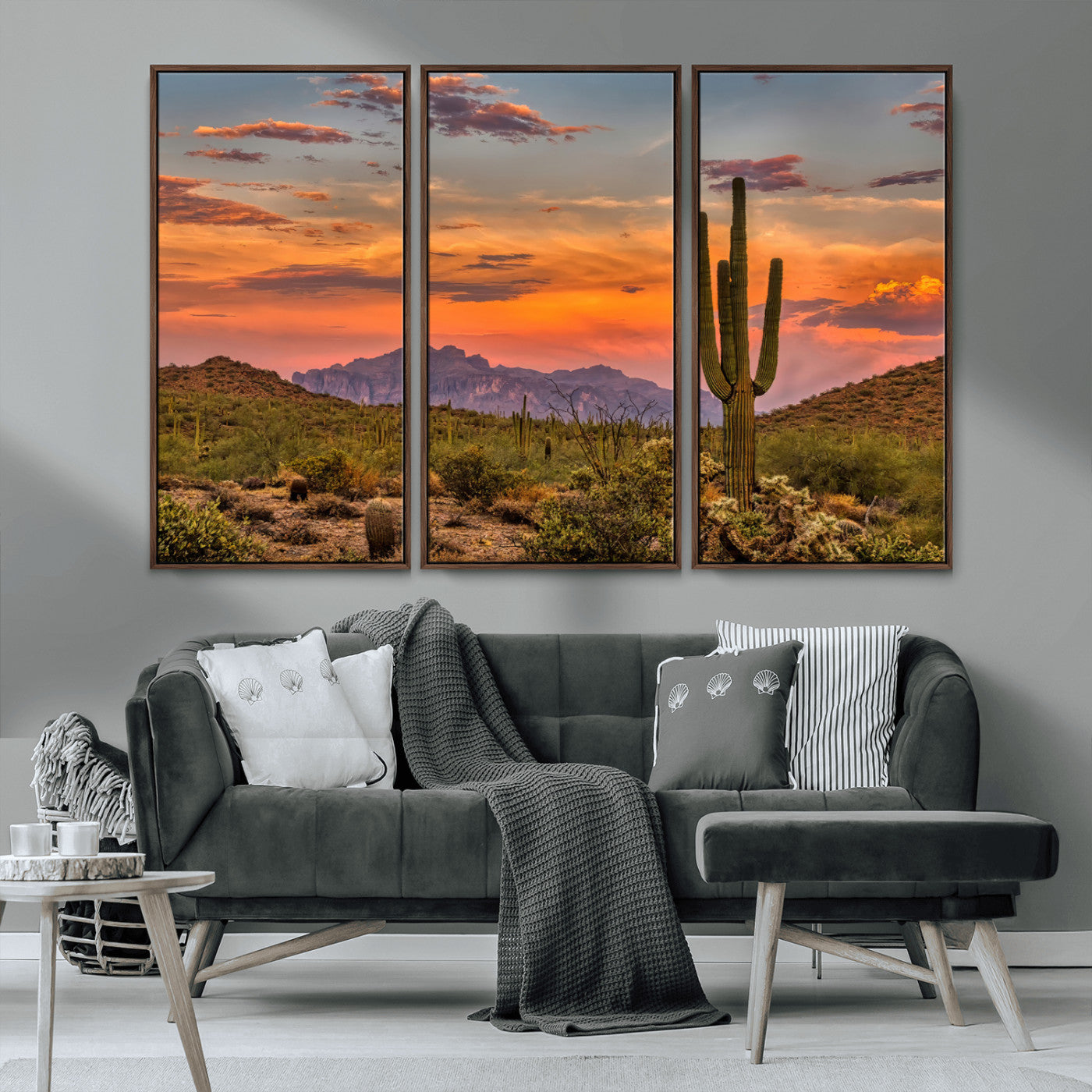 MGV-FC-48X32-3P - Saguaro Cactus Wall Art Canvas Print, Framed Arizona Sunset Art Picture Print, Sonoran Desert Perfect Southwestern Boho Decor Artwork