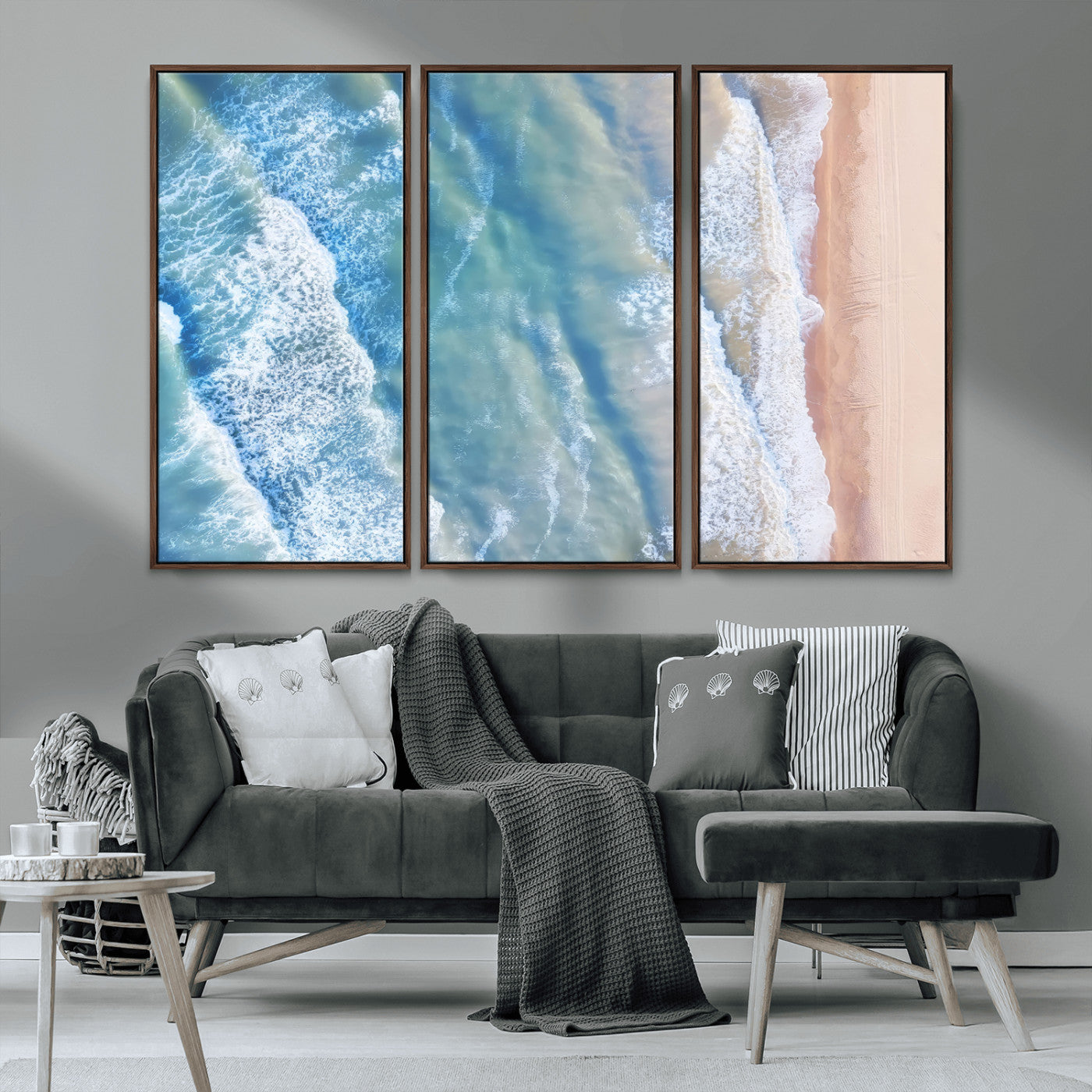 MGV-FC-48X32-3P - Aerial Ocean View Wall Art Canvas Print, Framed Soft Blue Waves Art Picture Print, Sandy Shoreline Perfect Modern Coastal Decor Artwork