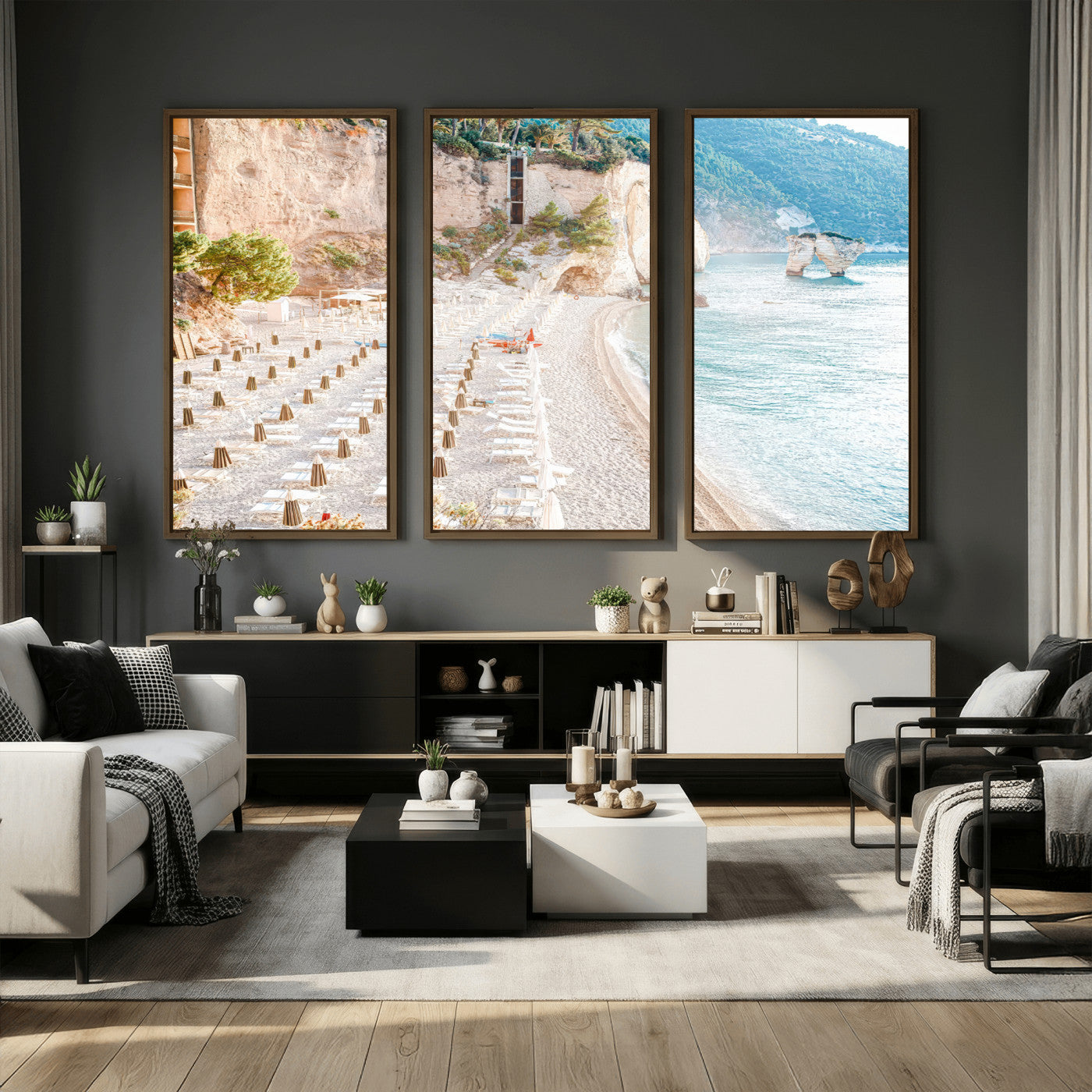 84816639-MGV-CV-36X24 - Sunny Beach Wall Art – Chairs & Umbrellas Canvas Print, Clear Water, Rocky Cliffs, Coastal Calm for Living Room or Vacation Home Decor