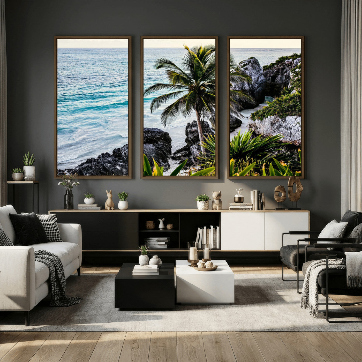 94669907-MGV-CV-36X24 - Tropical Palm Wall Art – Coastal Rocks Canvas Print, Ocean Breeze, Sandy Shore, Vibrant Green Foliage for Living Room or Beach House Decor
