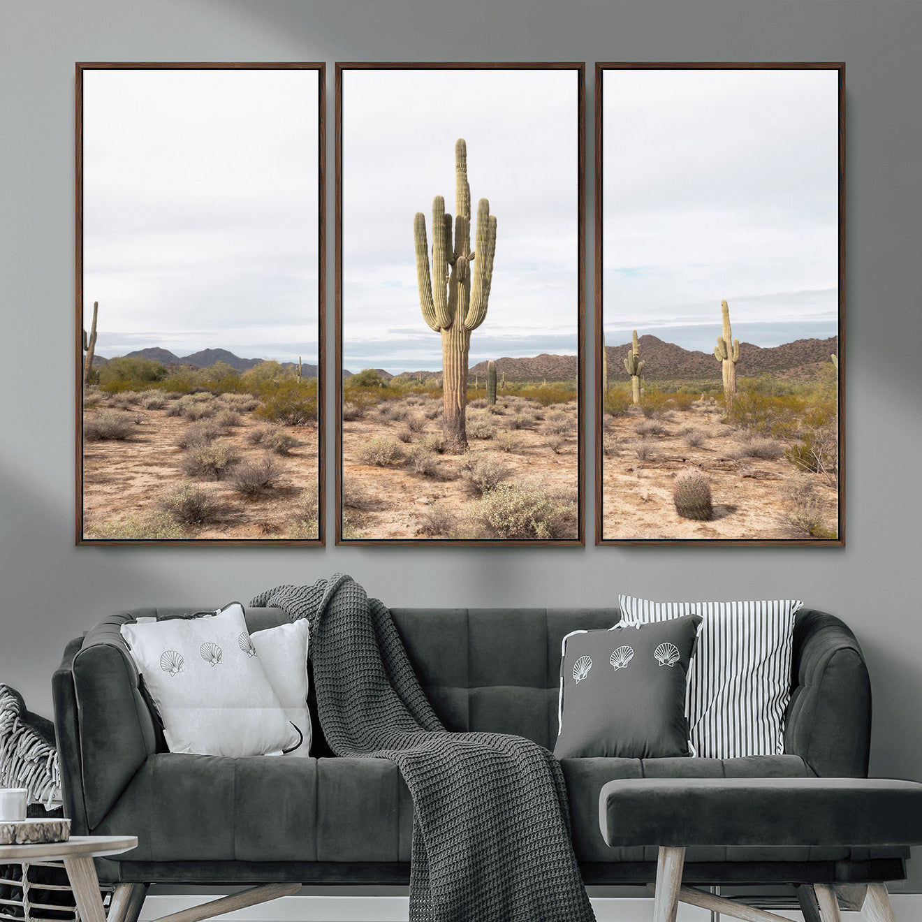 MGV-FC-48X32-3P - Saguaro Cactus Wall Art Canvas Print, Framed Desert Cactus Art Picture Print, Earthy Desert Perfect Southwestern Boho Decor Artwork
