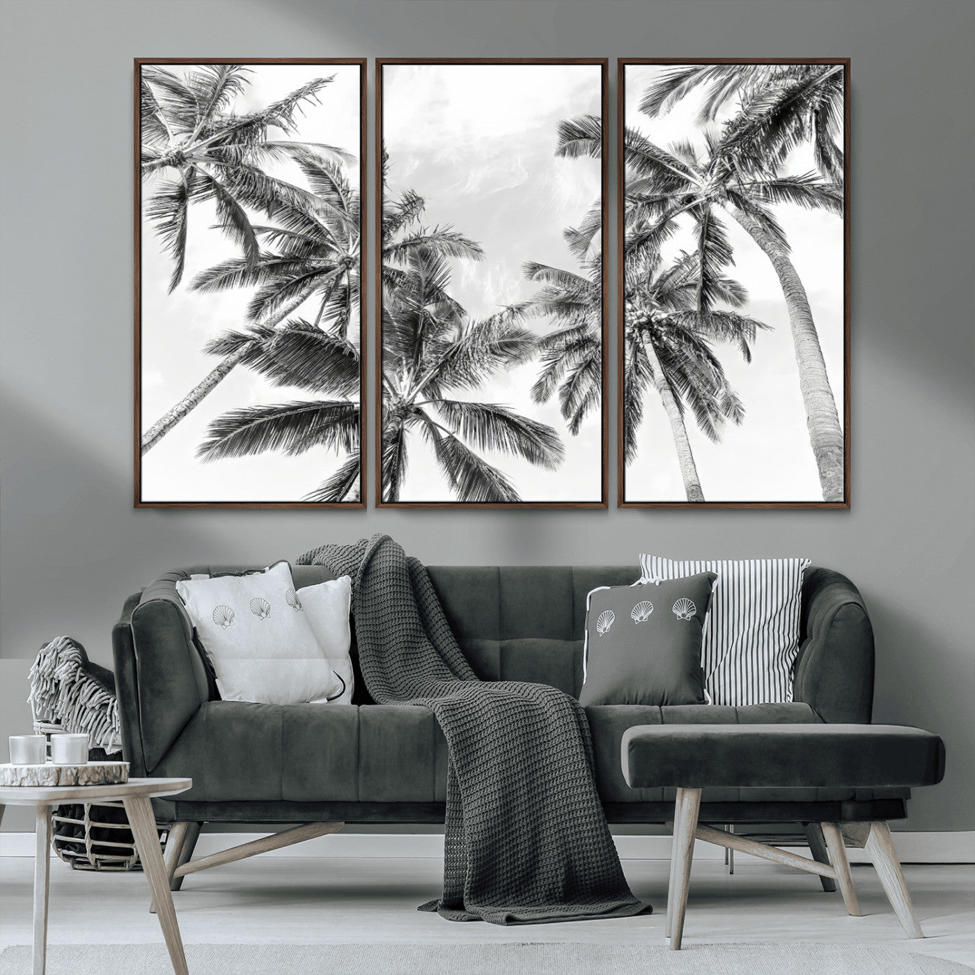 MGV-FC-48X32-3P - Black White Palm Wall Art Canvas Print, Framed Monochrome Tropics Art Picture Print, Minimalist Beach Perfect Coastal Minimalist Decor Artwork