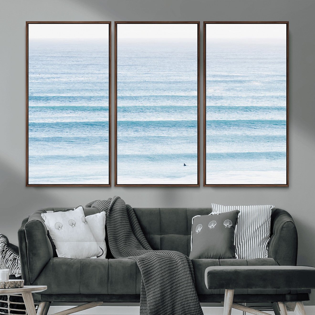77145995-MGV-CV-36X24-Ocean Wave Surfer Wall Art – Framed Minimal Seascape Canvas Artwork, Calm Blue Water Design, Coastal Decor for Home, Office