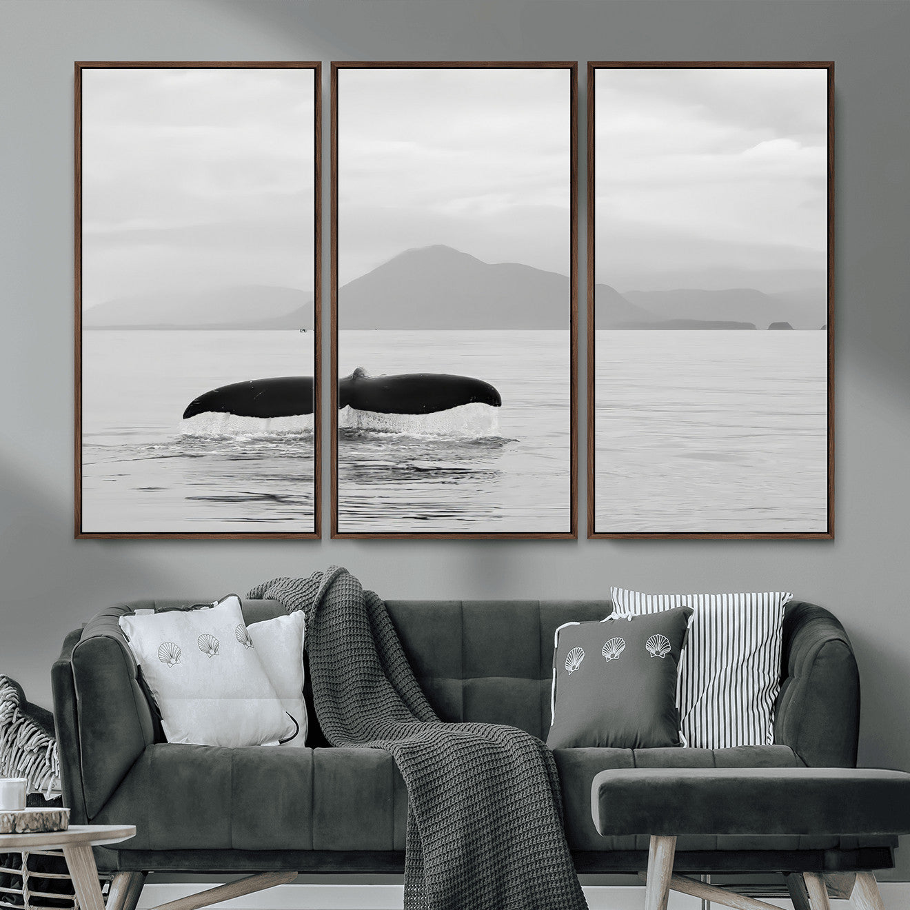 MGV-FC-48X32-3P - Whale Tail Wall Art Canvas Print, Framed Black White Ocean Art Picture Print, Calm Marine Perfect Minimalist Coastal Decor Artwork